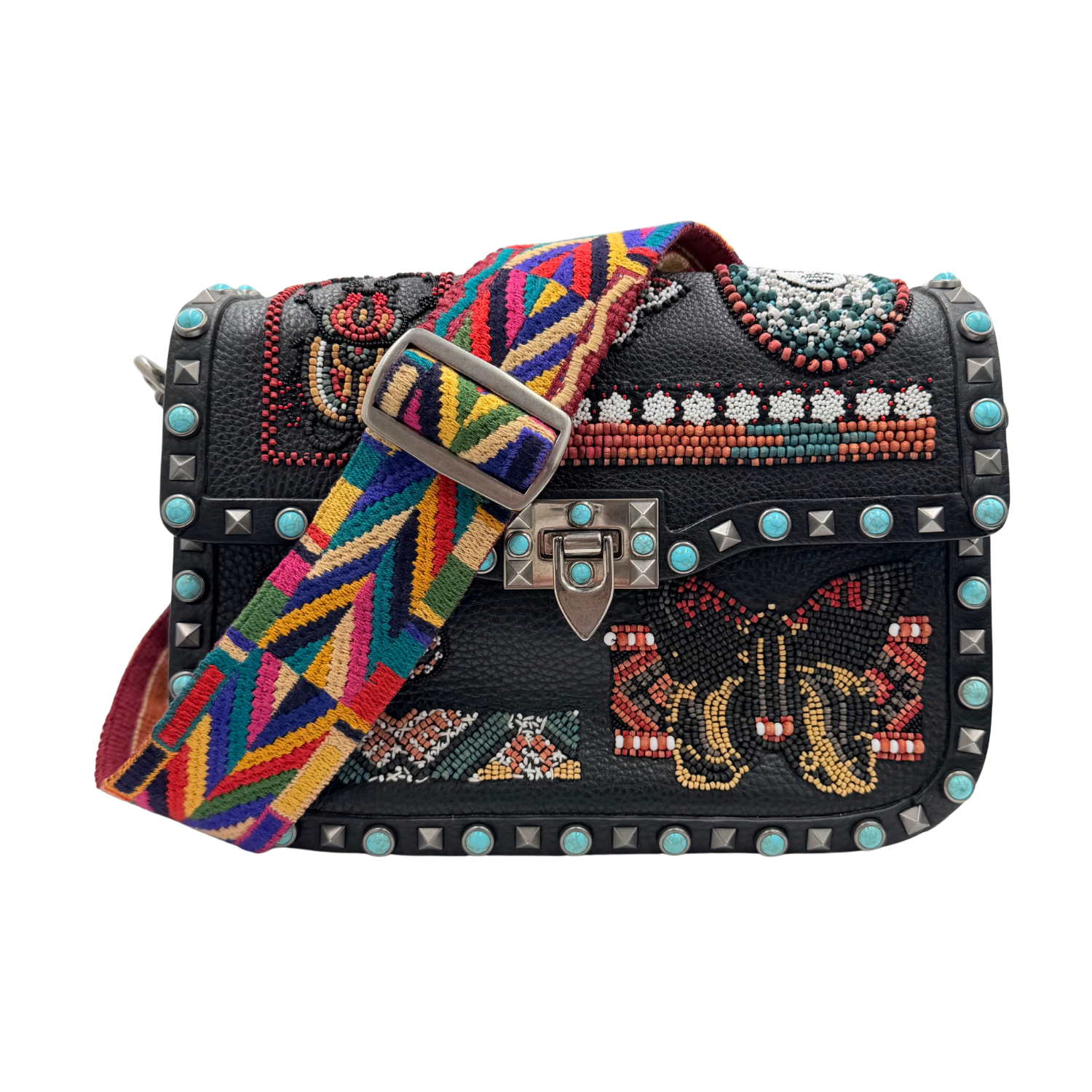 Beaded Rockstud Rolling Shoulder Bag w/ Guitar Strap Black