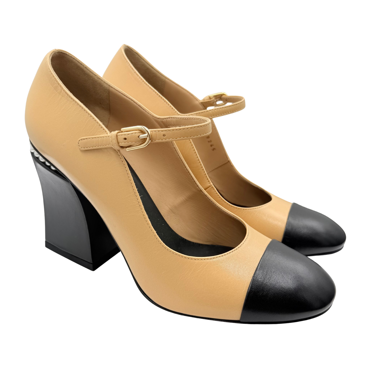 Chanel Shiny Goatskin Pearls Cap Toe Open Slingback Block Heel Pumps Beige Black