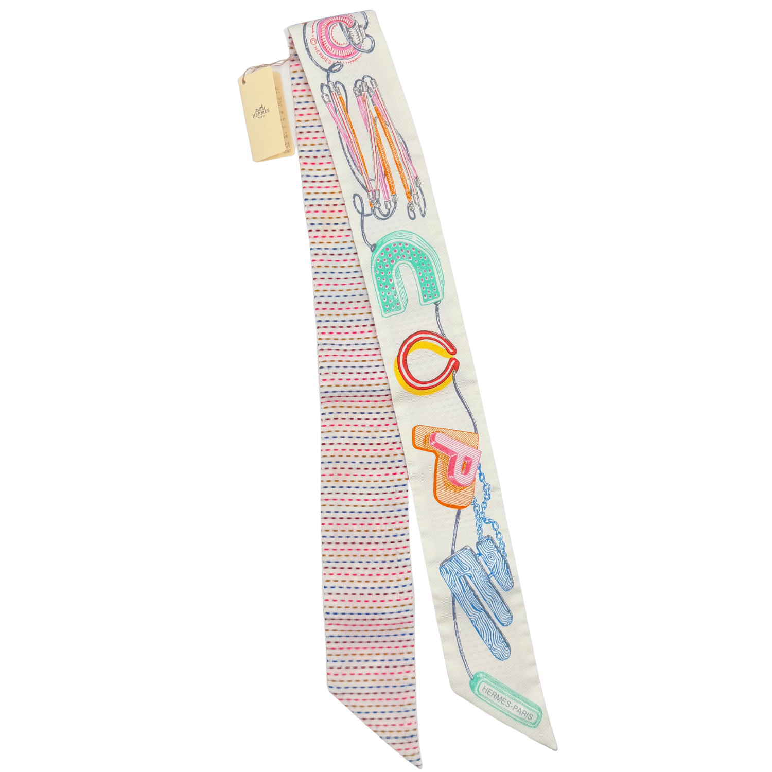 "Chevaloscope Pointille" White Silk Twilly Pair