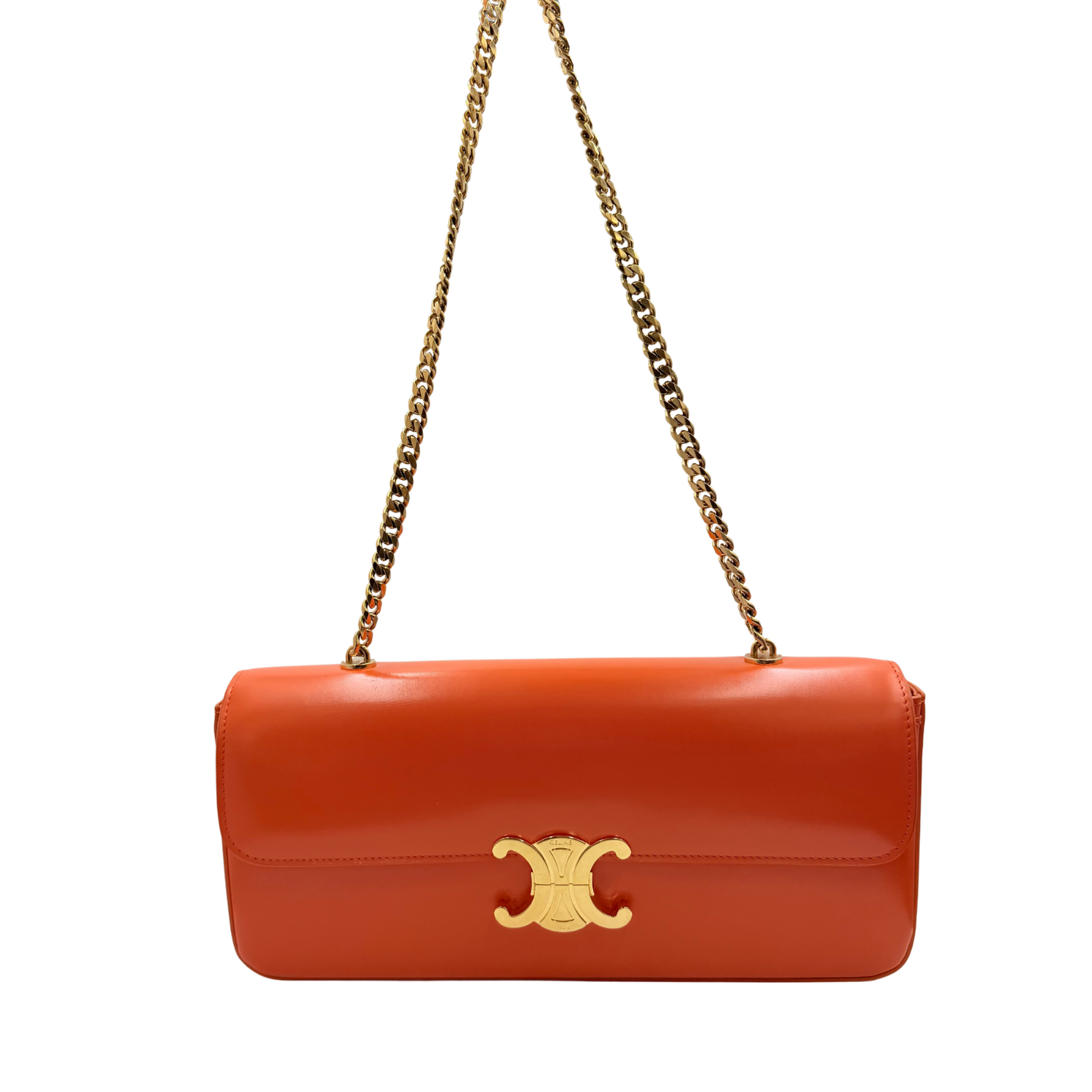 Celine Leather Triomphe Chain Shoulder Bag Orange