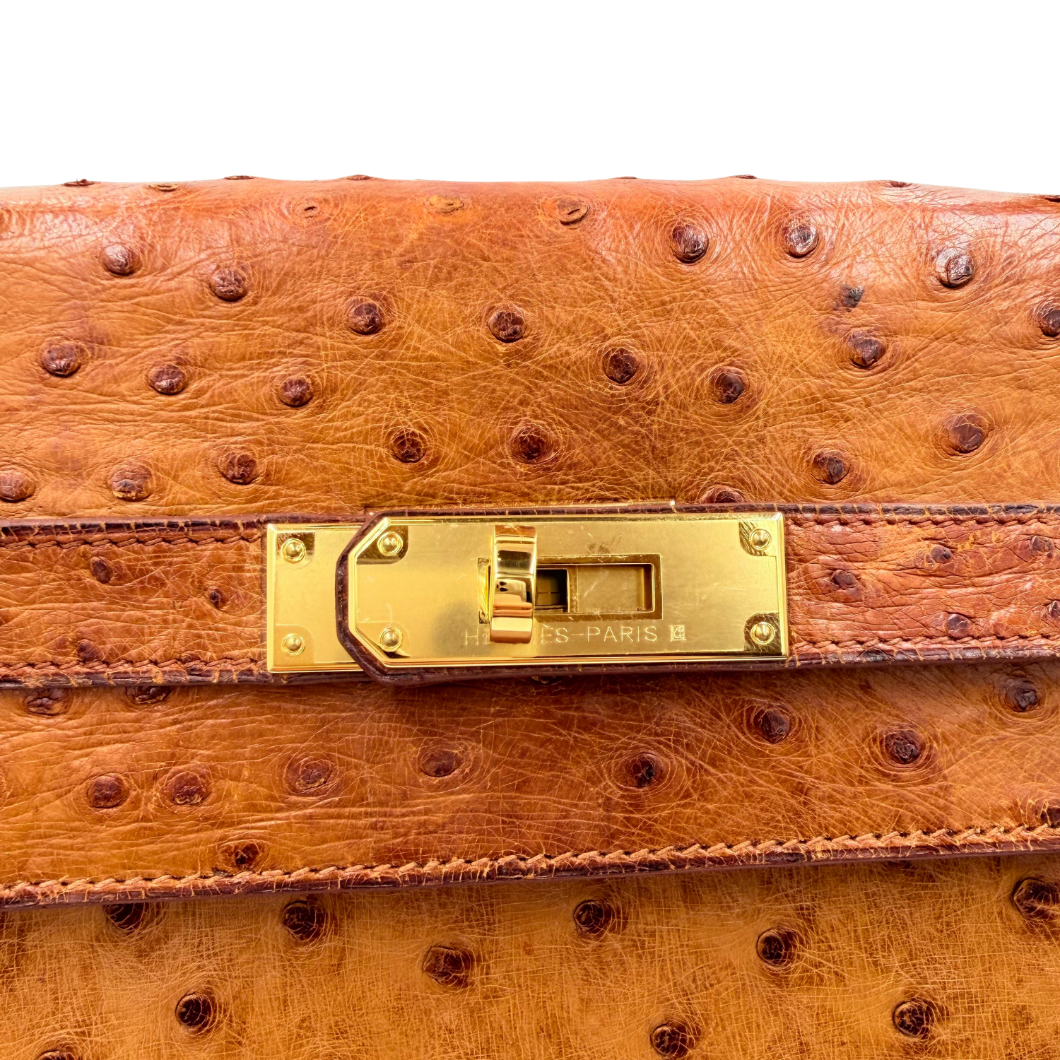 Hermès Vintage Kelly 35 Cognac Ostrich Sellier with Gold Hardware