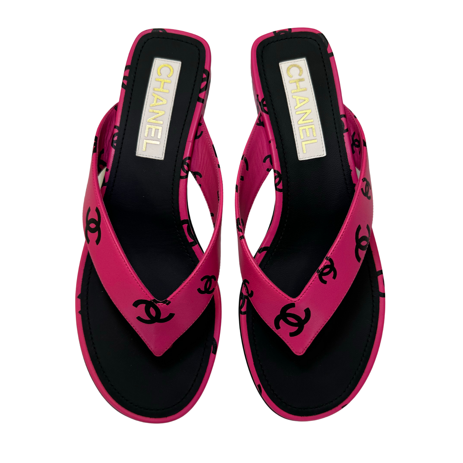 Chanel Printed Lambskin Thong Sandals Pink & Black