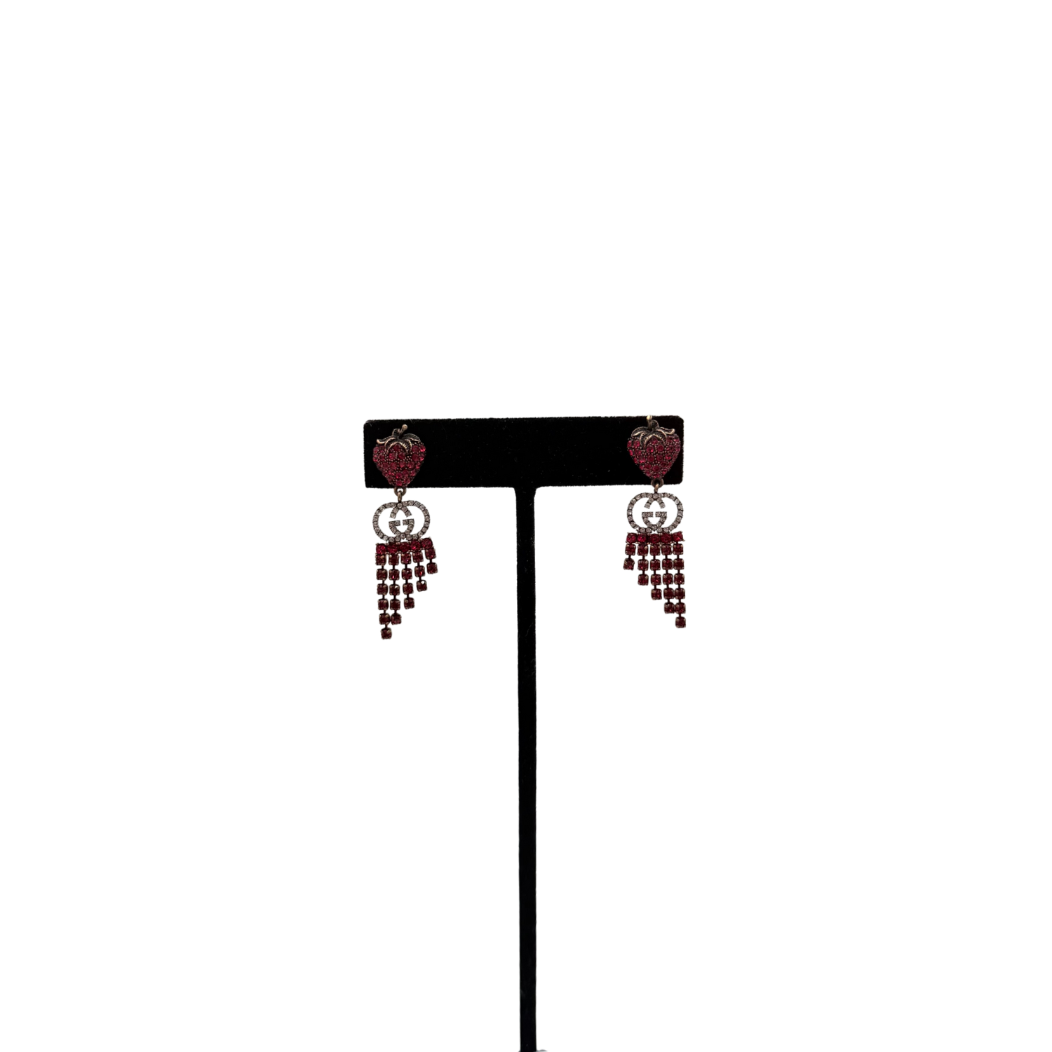 Gucci Metal Crystal Interlocking G Strawberry Drop Earrings Red