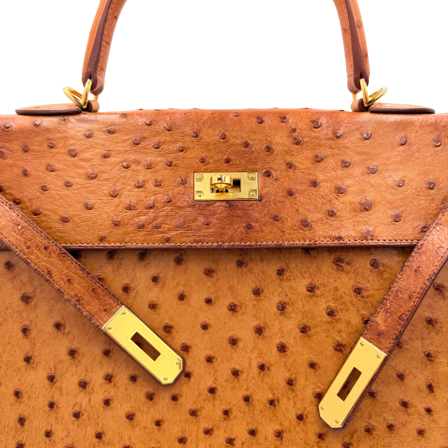 Hermès Vintage Kelly 35 Cognac Ostrich Sellier with Gold Hardware