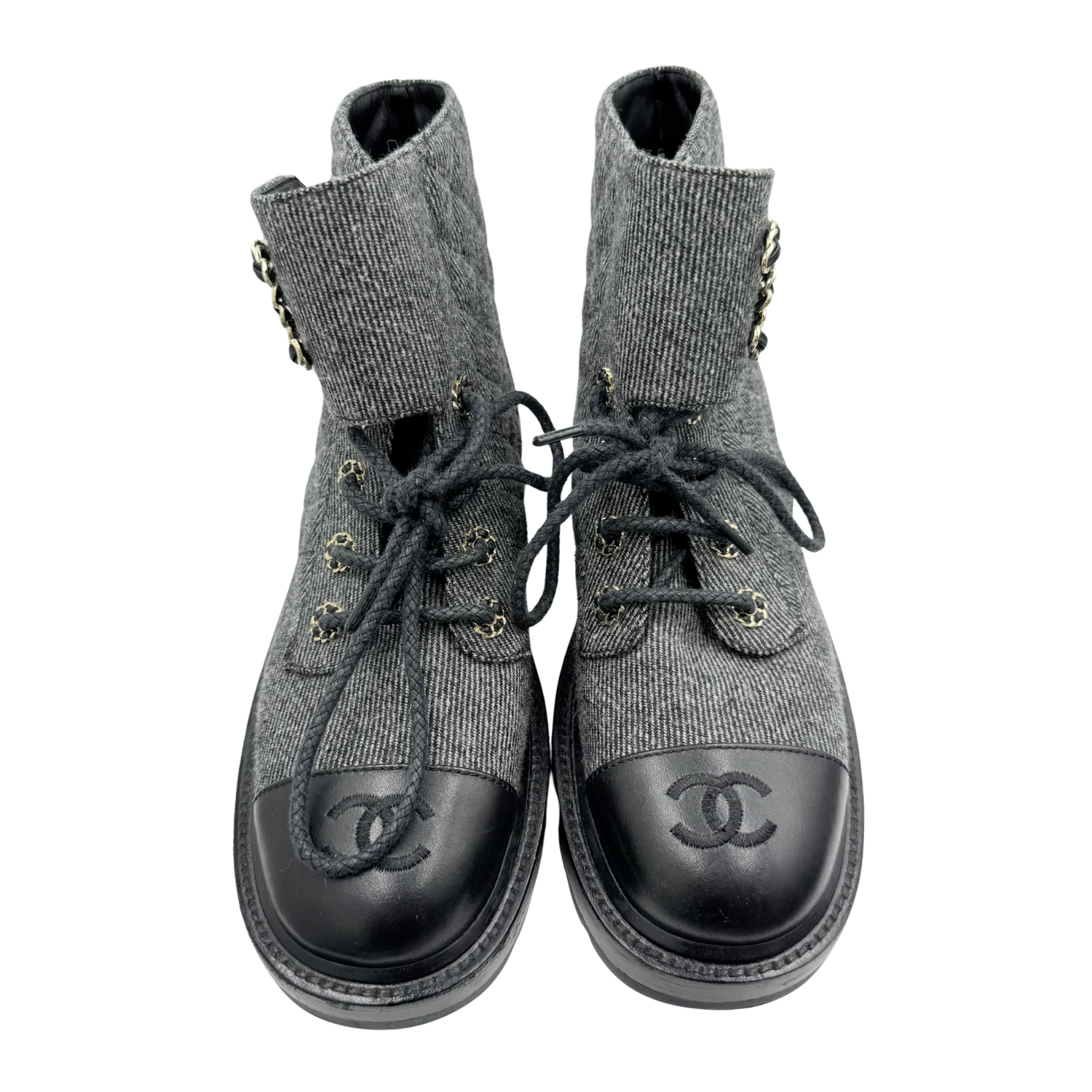 Chanel Chain CC Cap Toe Quilted Denim and Leather Lace Up Combat Boots Grey