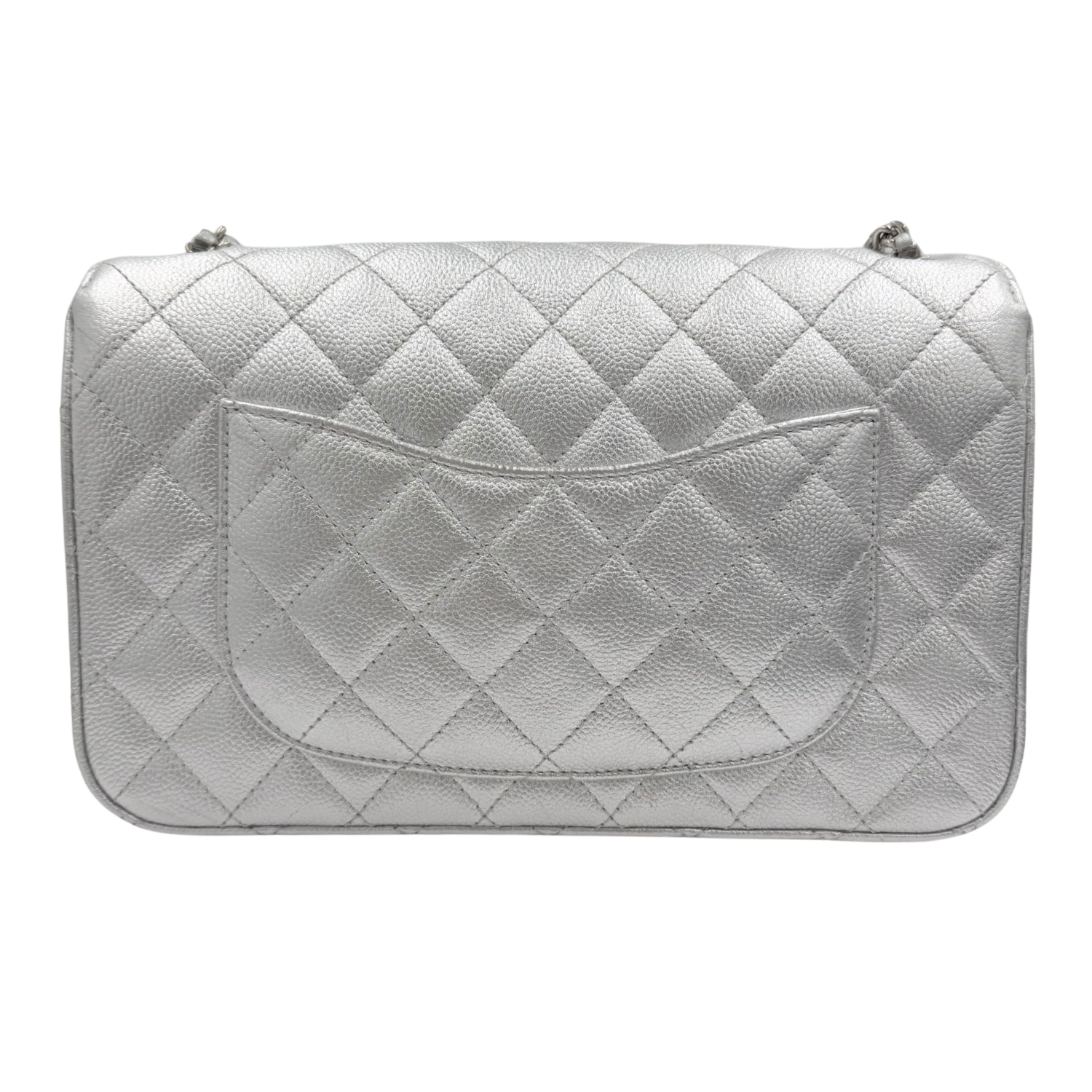 Chanel Medium Metallic Caviar Quilted CC Slide Flap Silver