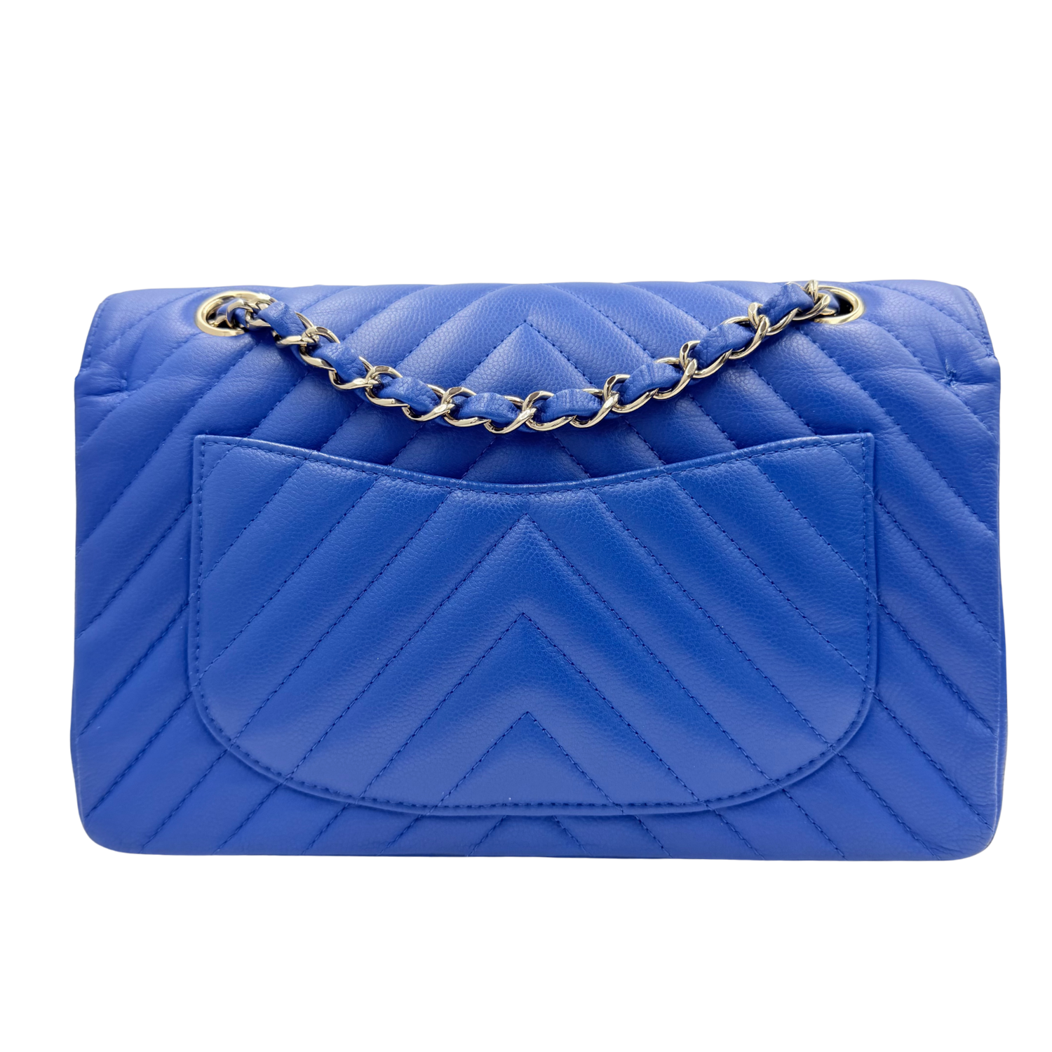 Blue quilted handbag with a gold chain on a white background