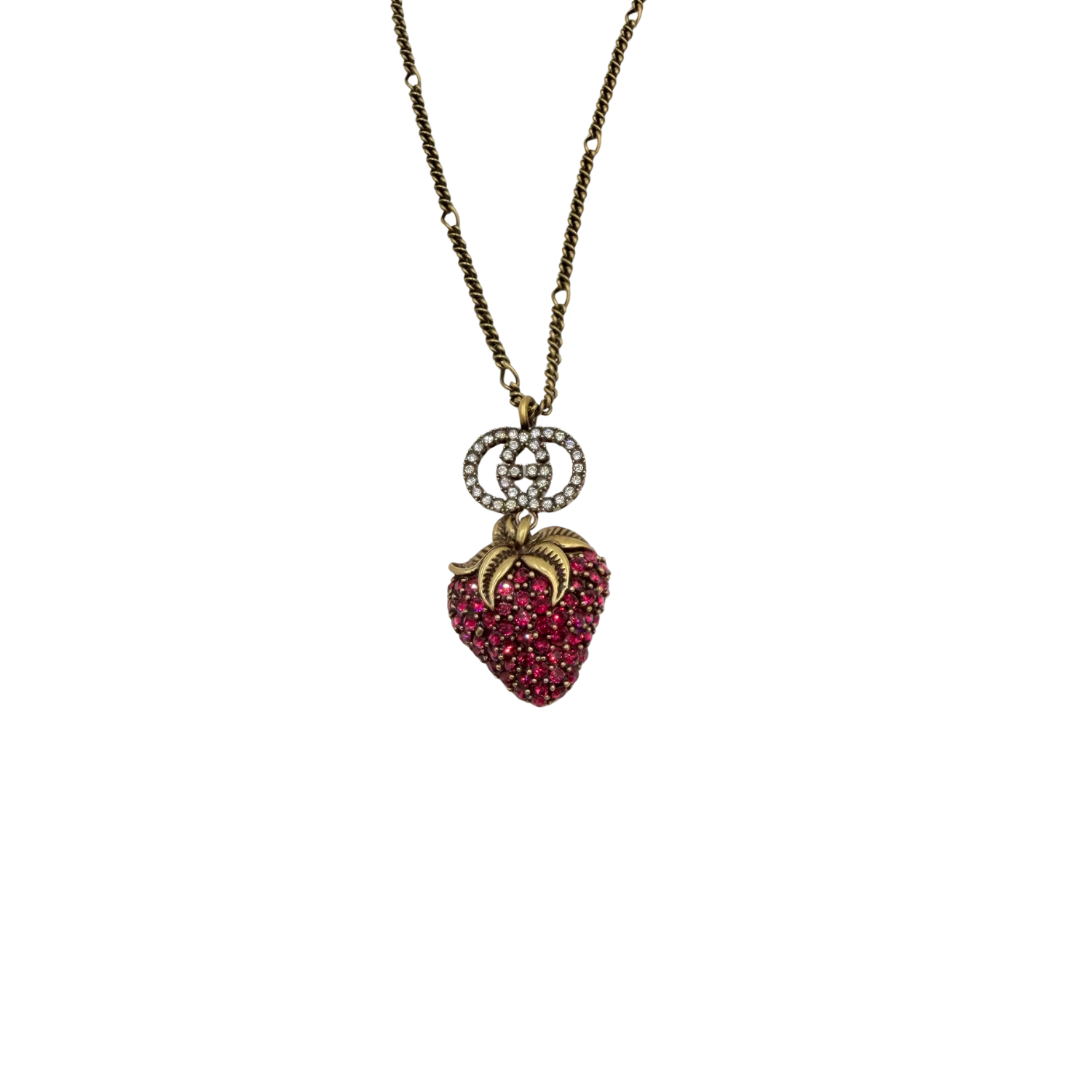 Gucci Crystal GG Strawberry Pendant Necklace