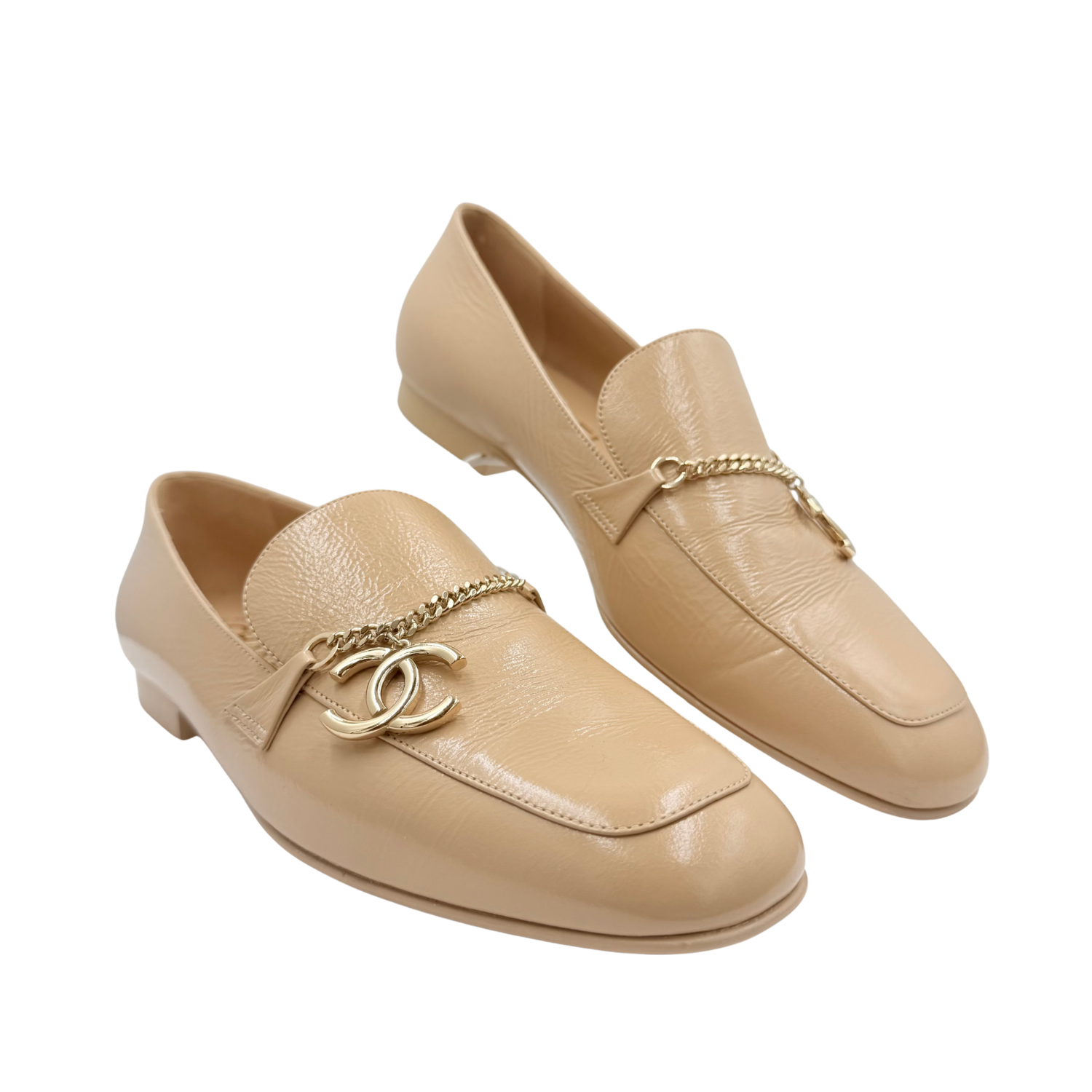 Chanel Interlocking CC Logo Leather Mocassins Beige