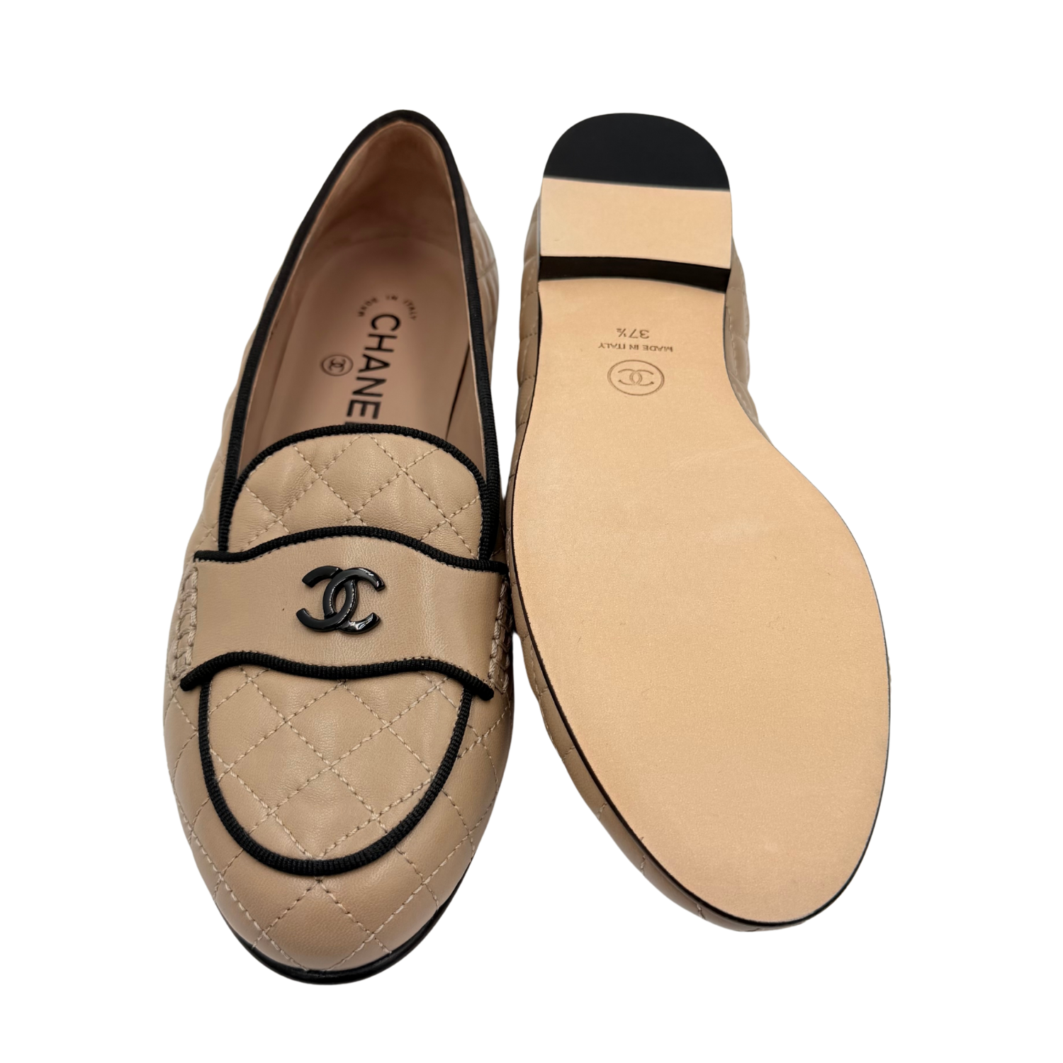 Chanel Quilted Calfskin Leather Interlocking CC Loafer Beige