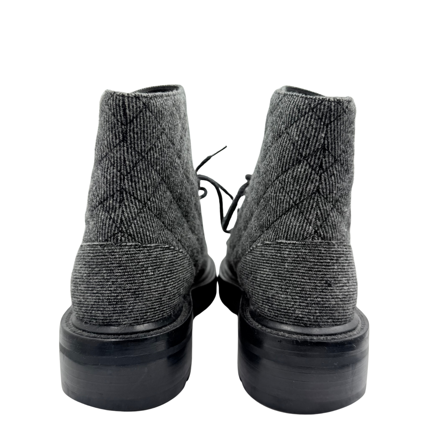 Chanel Chain CC Cap Toe Quilted Denim and Leather Lace Up Combat Boots Grey