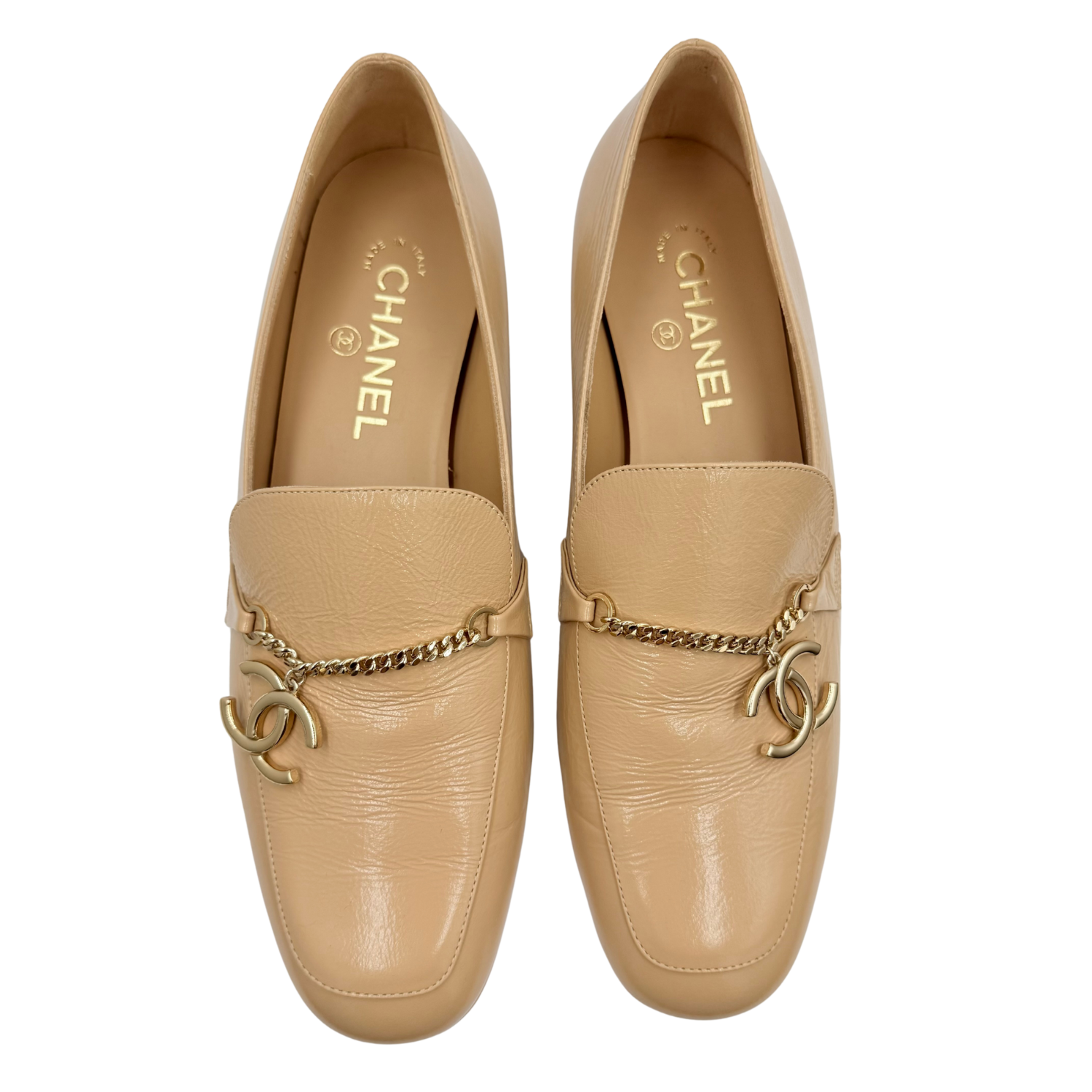 Chanel Interlocking CC Logo Leather Mocassins Beige