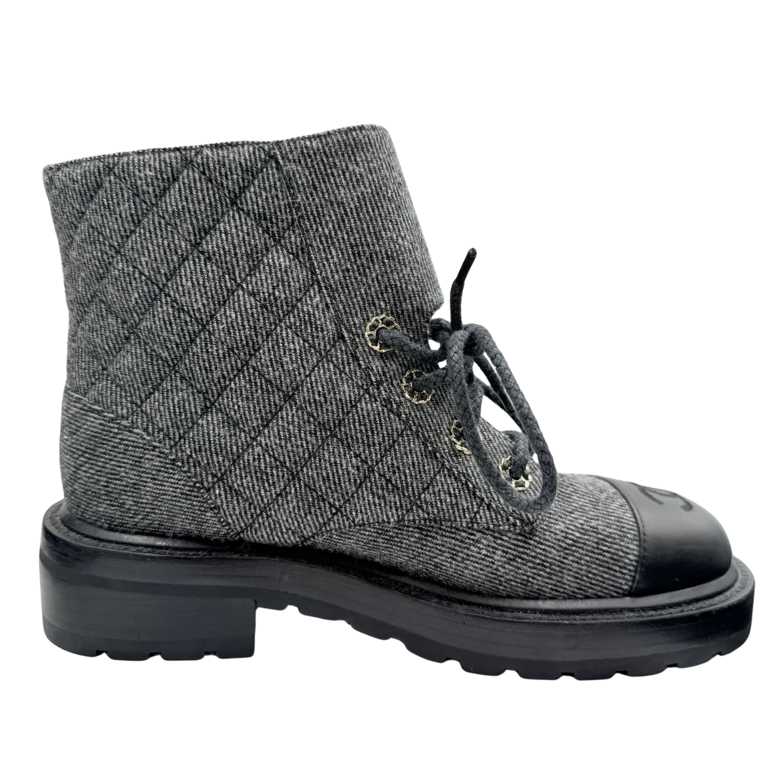 Chanel Chain CC Cap Toe Quilted Denim and Leather Lace Up Combat Boots Grey