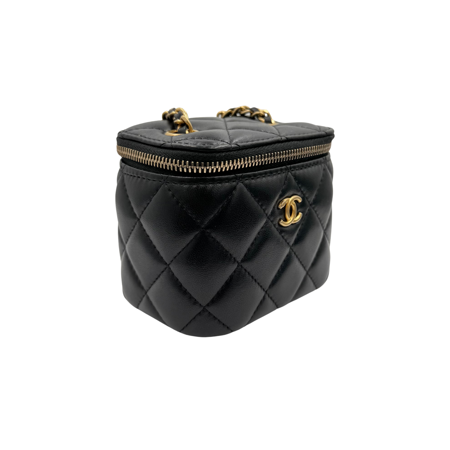 Chanel Quilted Lambskin Mini Pearl Crush Vanity Case With Chain Black