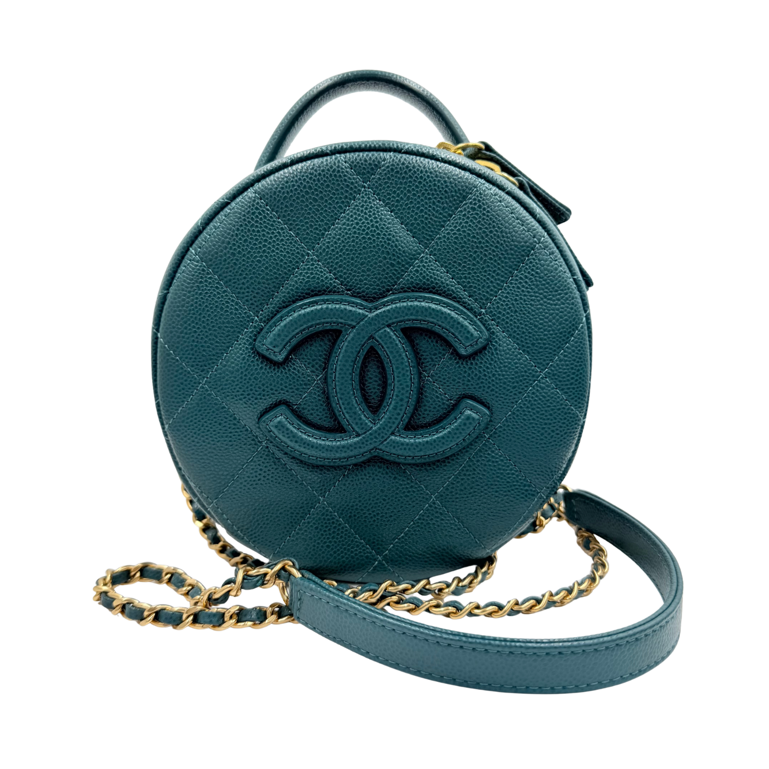 Chanel Round Vanity Case Crossbody Bag with Top Handle Turquoise