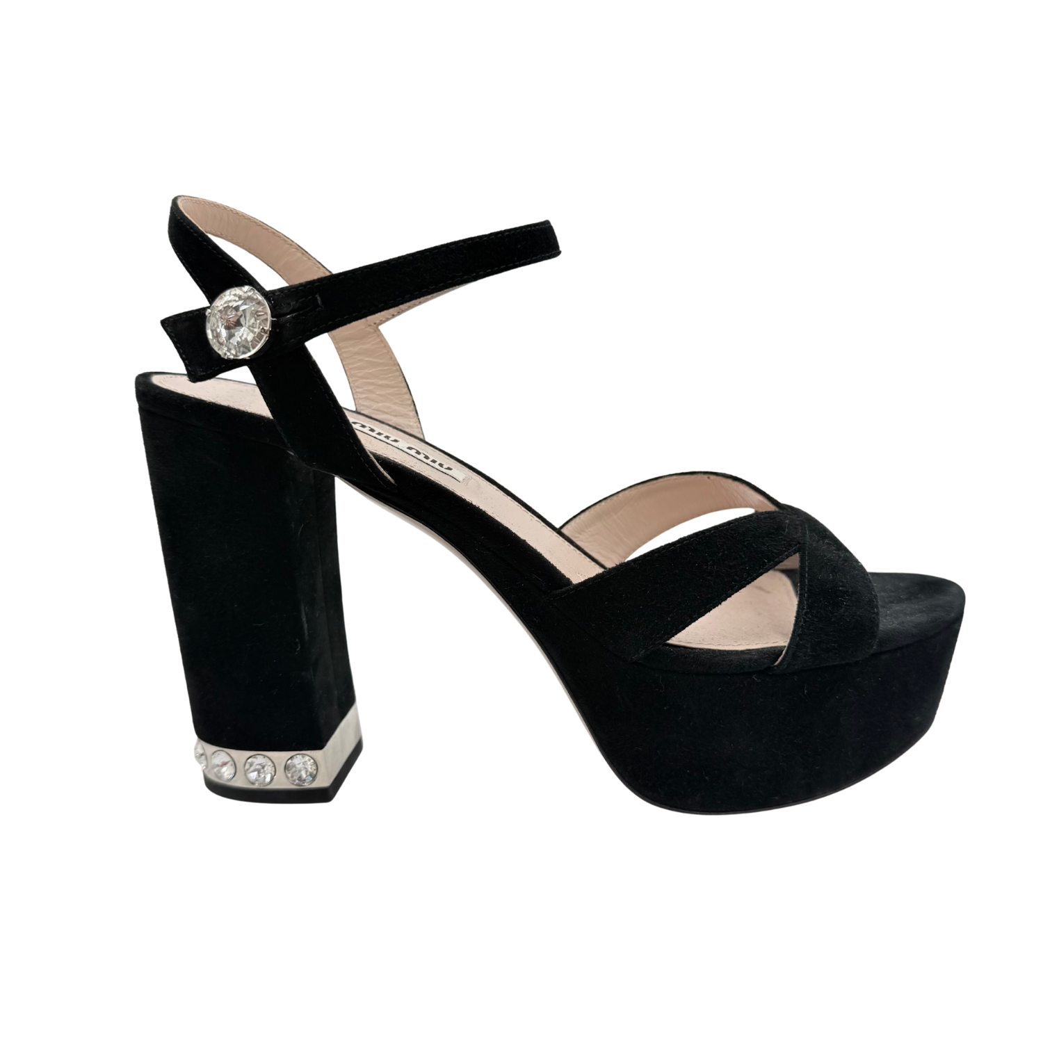 Miu Miu Crystal-embellished Suede Platform Heels Black