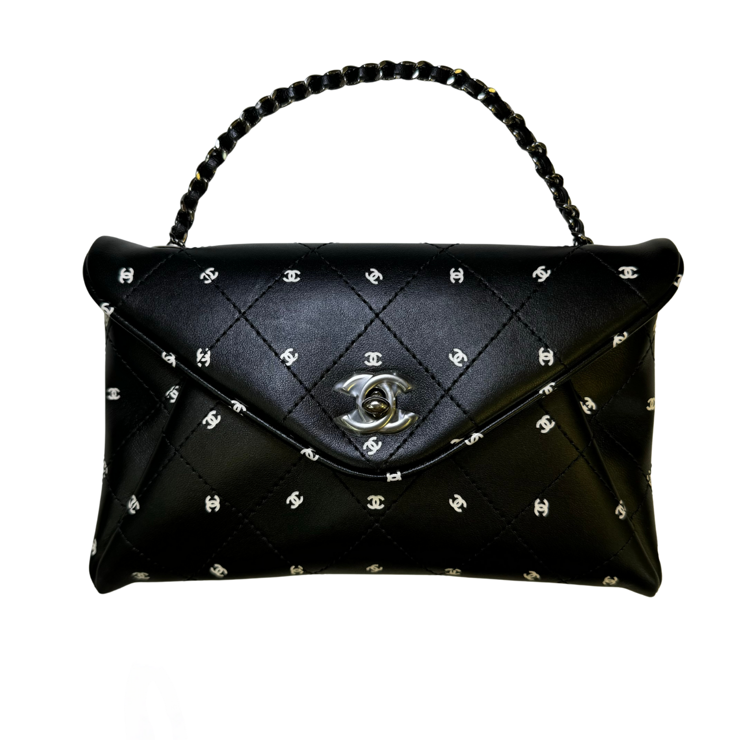 Chanel Printed Lambskin Envelope Clutch With Chain Black & White