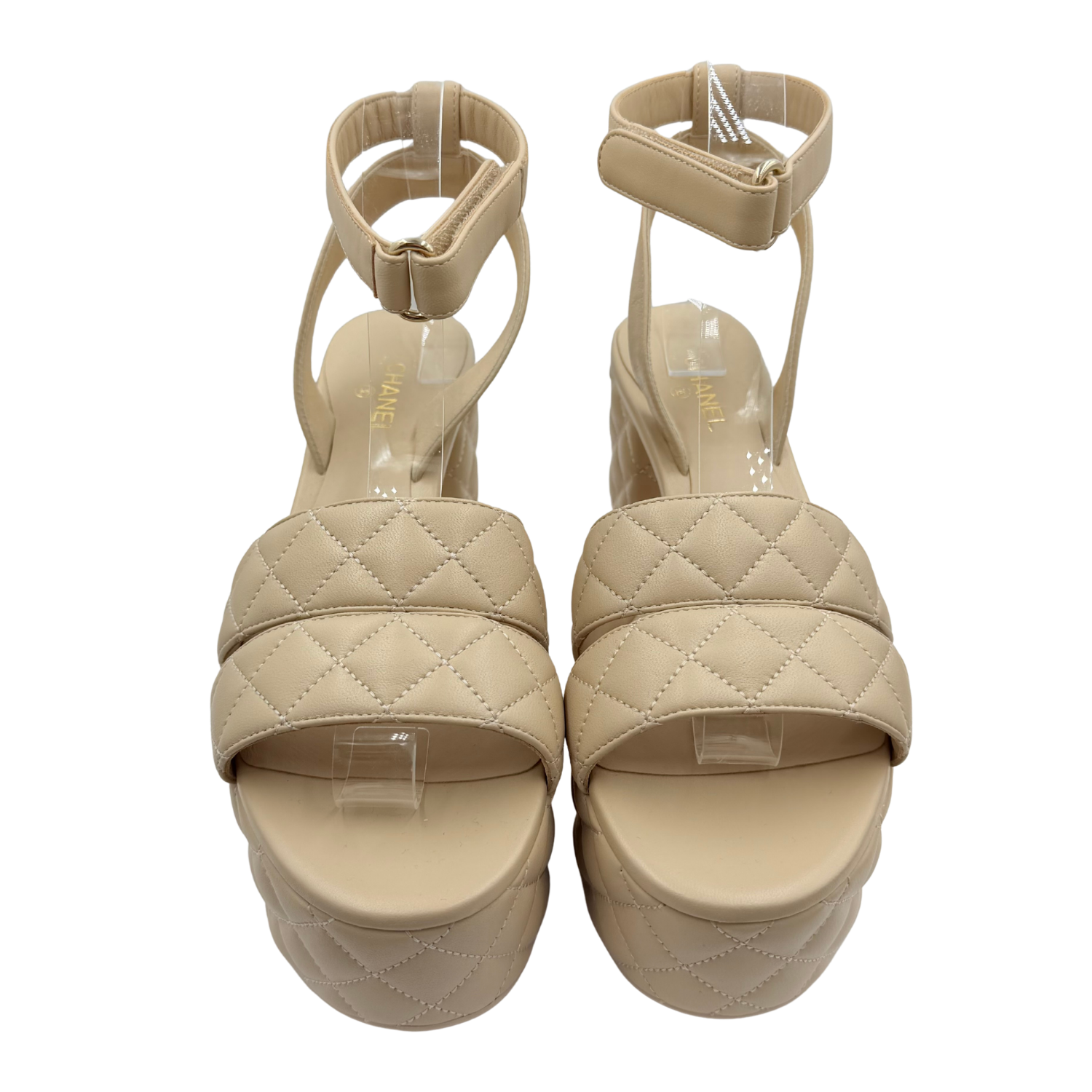 Chanel Quilted Lambskin Leather Ankle Strap Platform Sandals Etoupe