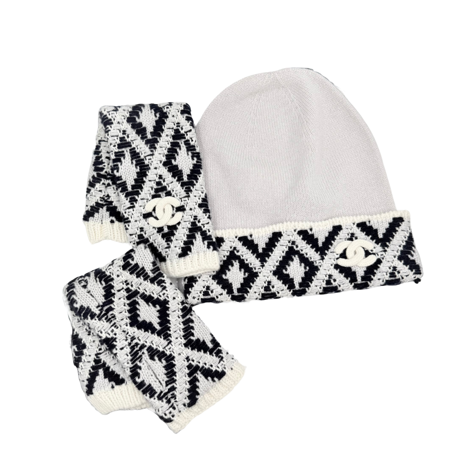 Chanel Cashmere Beanie and Arm Warmers Set Grey