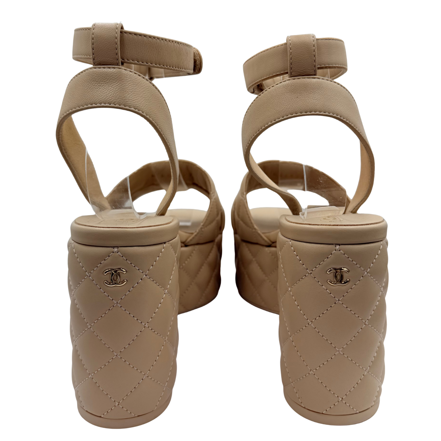 Chanel Quilted Lambskin Leather Ankle Strap Platform Sandals Etoupe