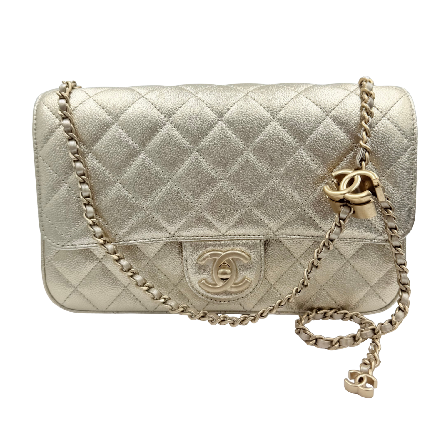 Chanel Limited Edition Small Single Flap Quilted Caviar Leather Bag with Adjustable Strap Light Gold