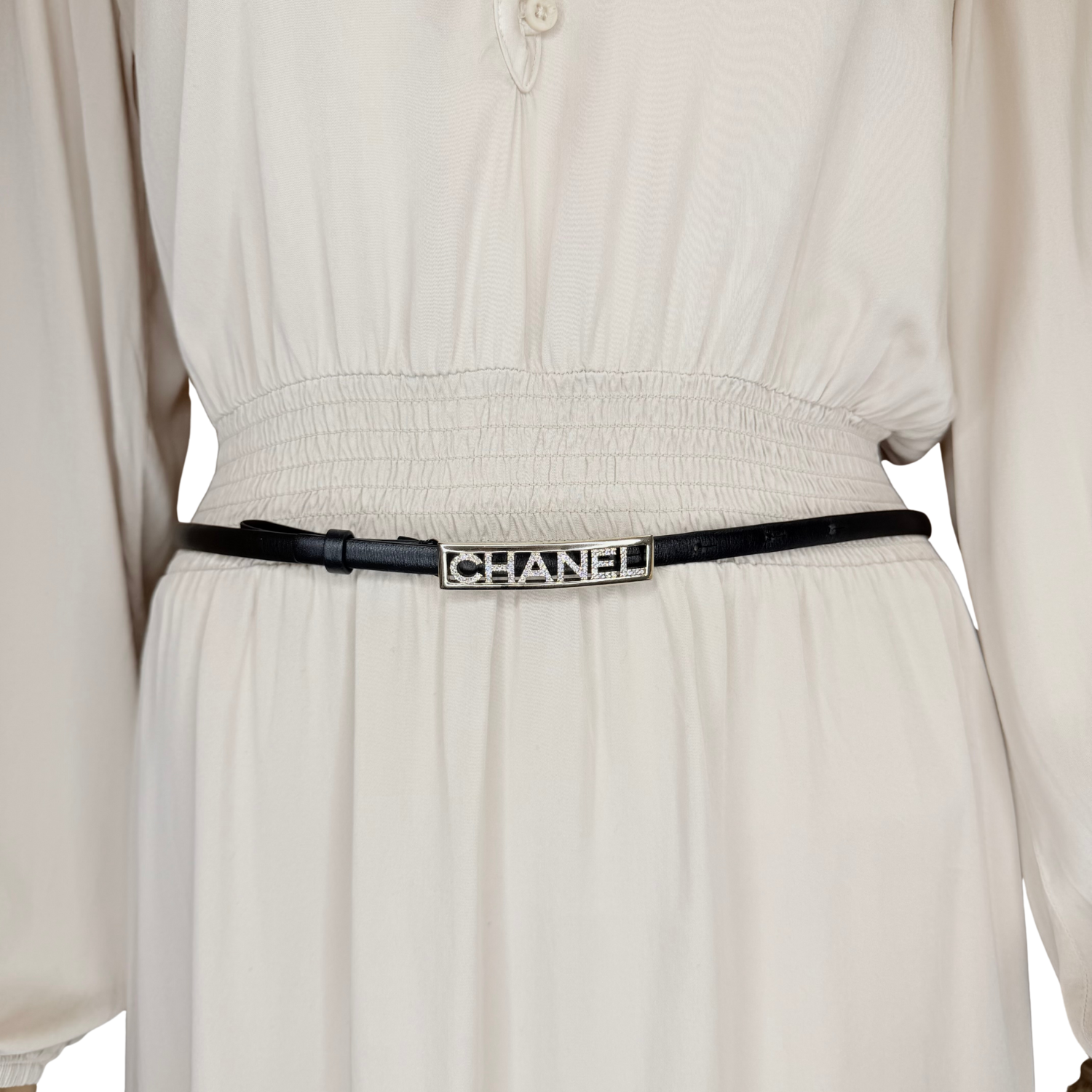 Chanel Leather Belt Silver Chanel with Crystals Black