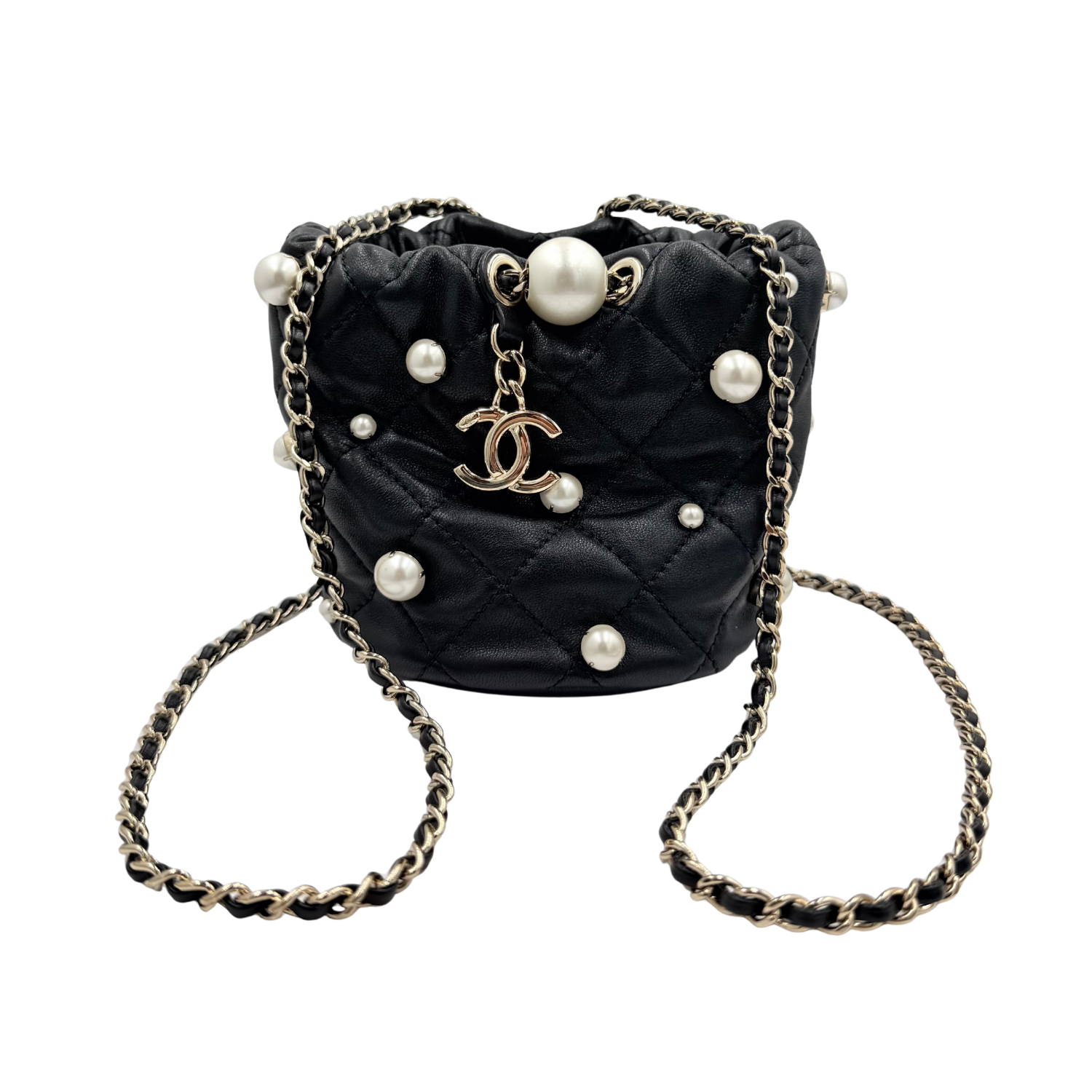Chanel Quilted Lambskin Bucket Bag with Pearls Pale Gold Hardware Black
