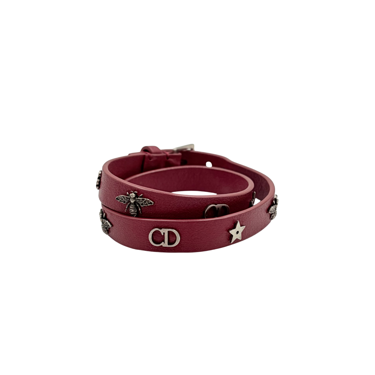 Christian Dior Leather Double Wrap Charm Bracelet Burgundy