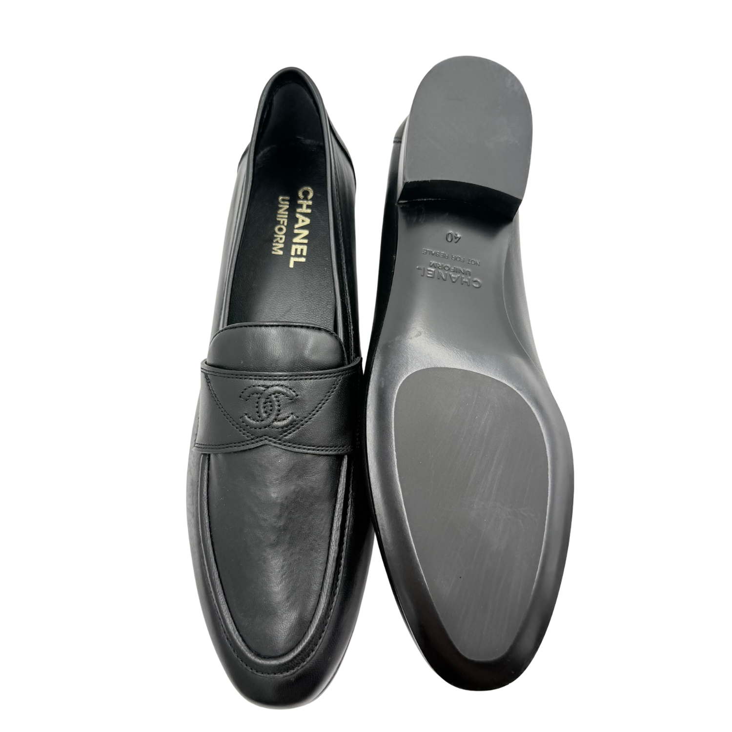 Chanel CC Calfskin Padded Uniform Stitched Loafers Black