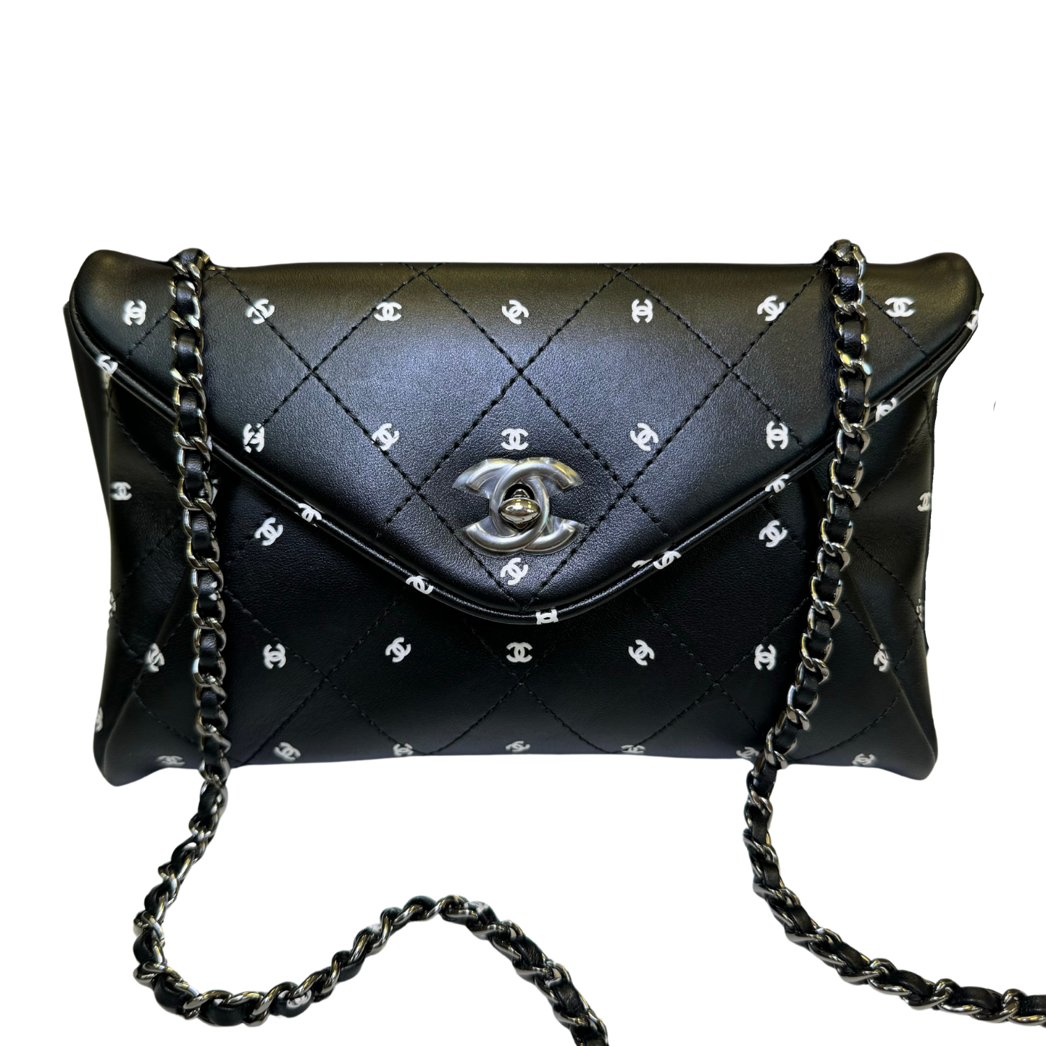 Chanel Printed Lambskin Envelope Clutch With Chain Black & White