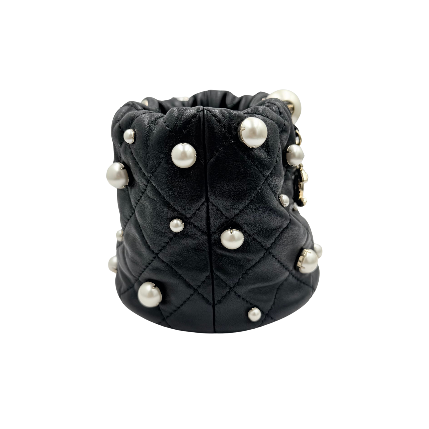 Chanel Quilted Lambskin Bucket Bag with Pearls Pale Gold Hardware Black