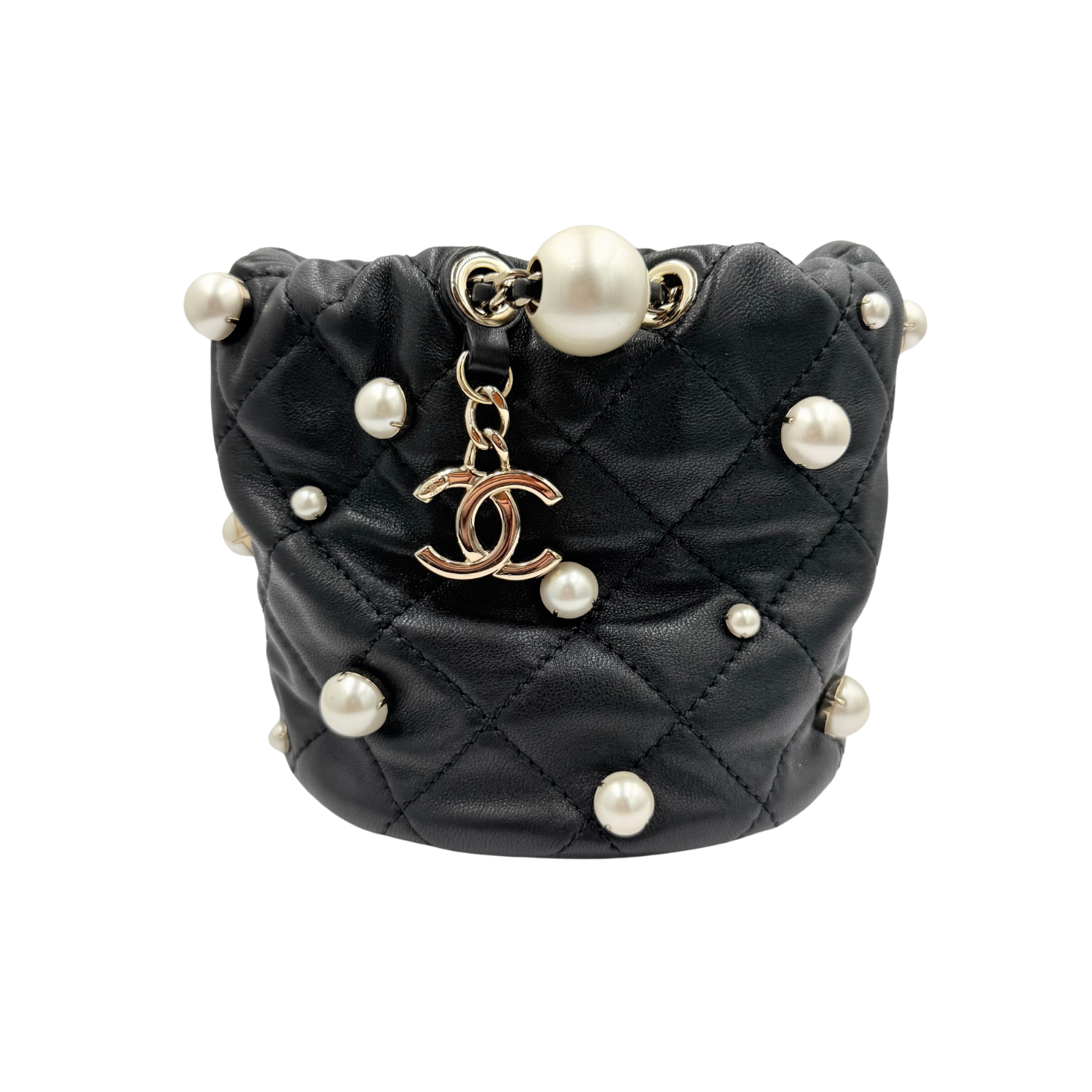 Chanel Quilted Lambskin Bucket Bag with Pearls Pale Gold Hardware Black