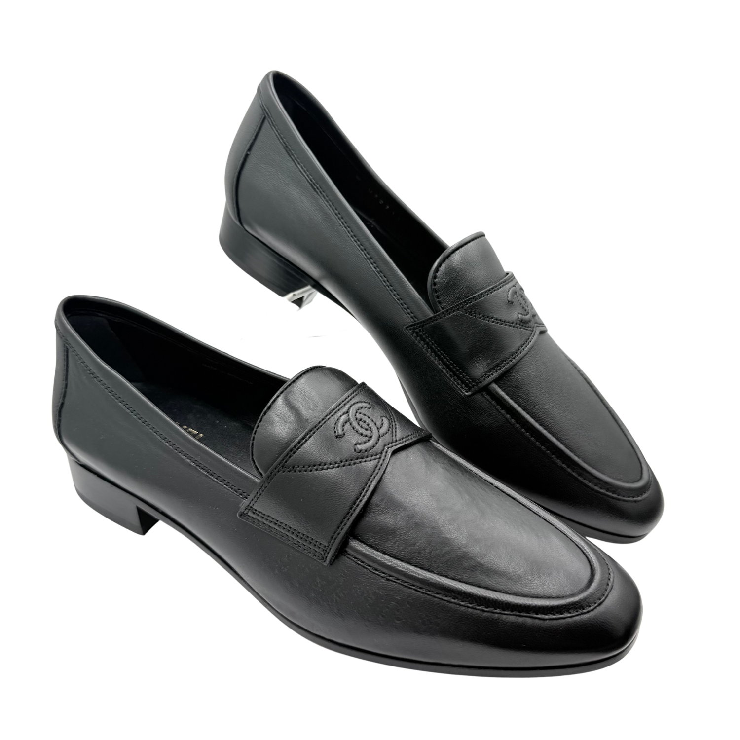 Chanel CC Calfskin Padded Uniform Stitched Loafers Black