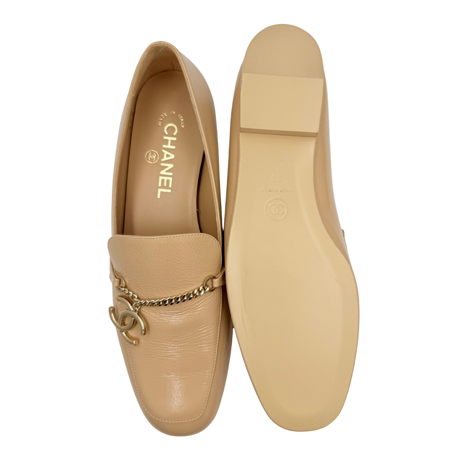 Chanel Interlocking CC Logo Leather Mocassins Beige