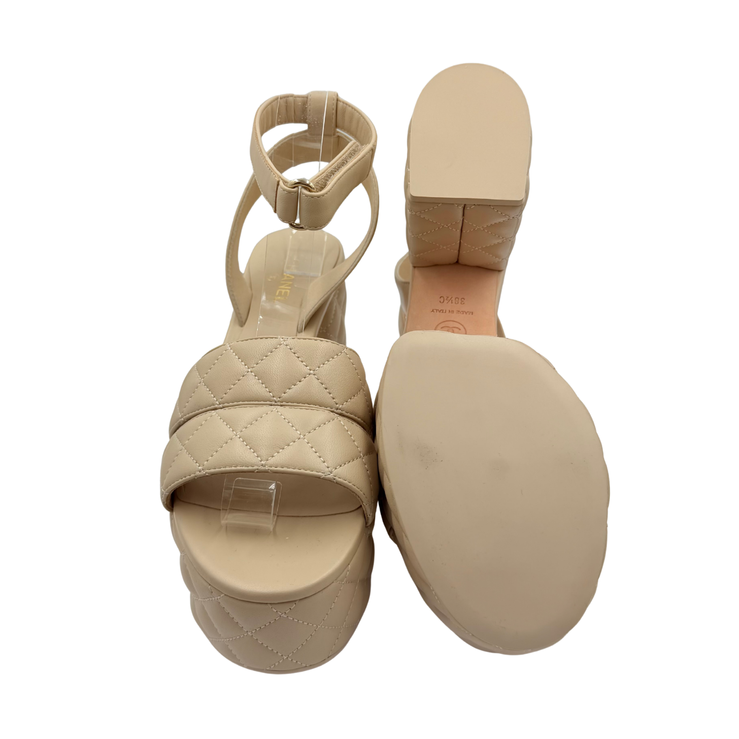 Chanel Quilted Lambskin Leather Ankle Strap Platform Sandals Etoupe