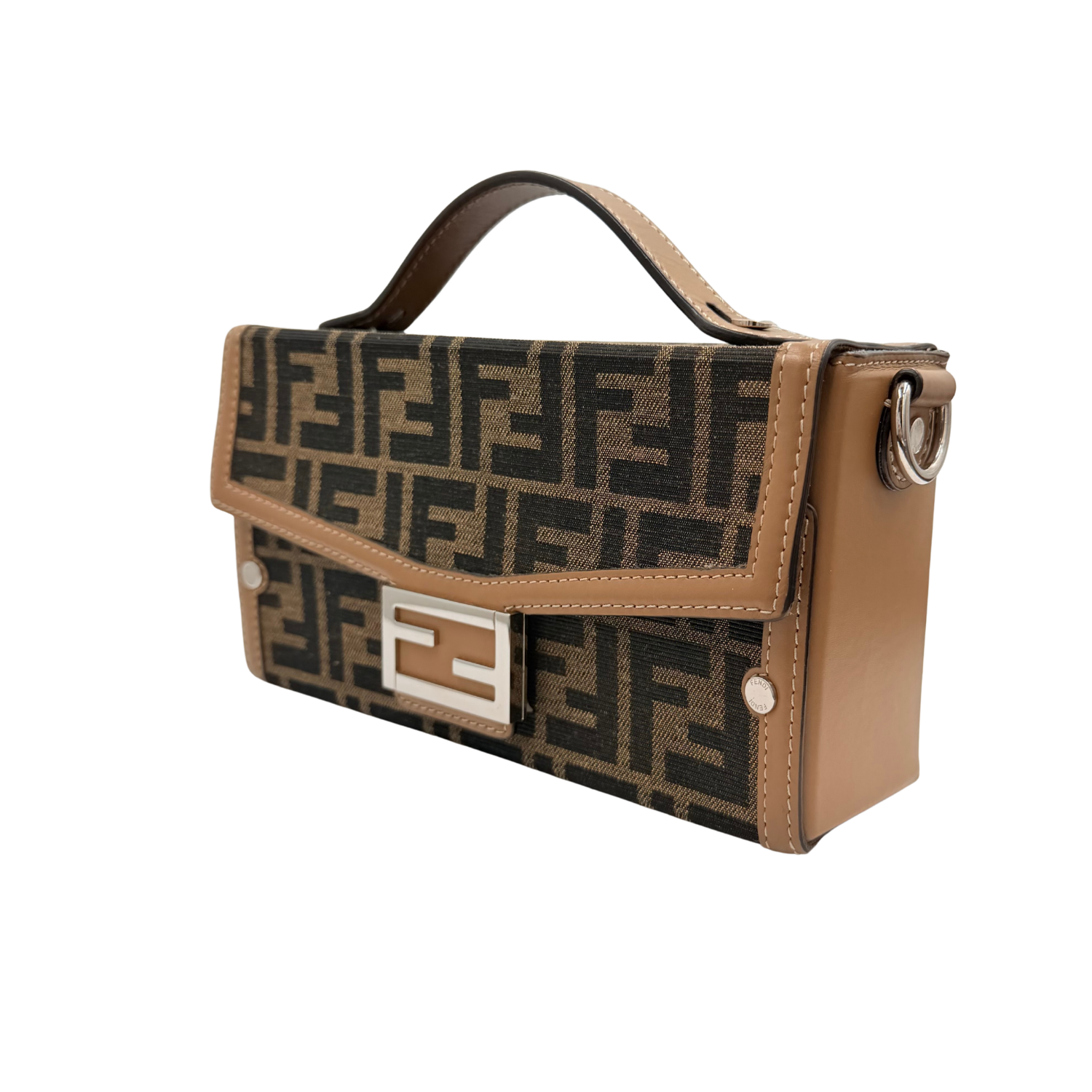 Fendi Baguette Soft Trunk Jacquard Canvas Bag with Strap Brown