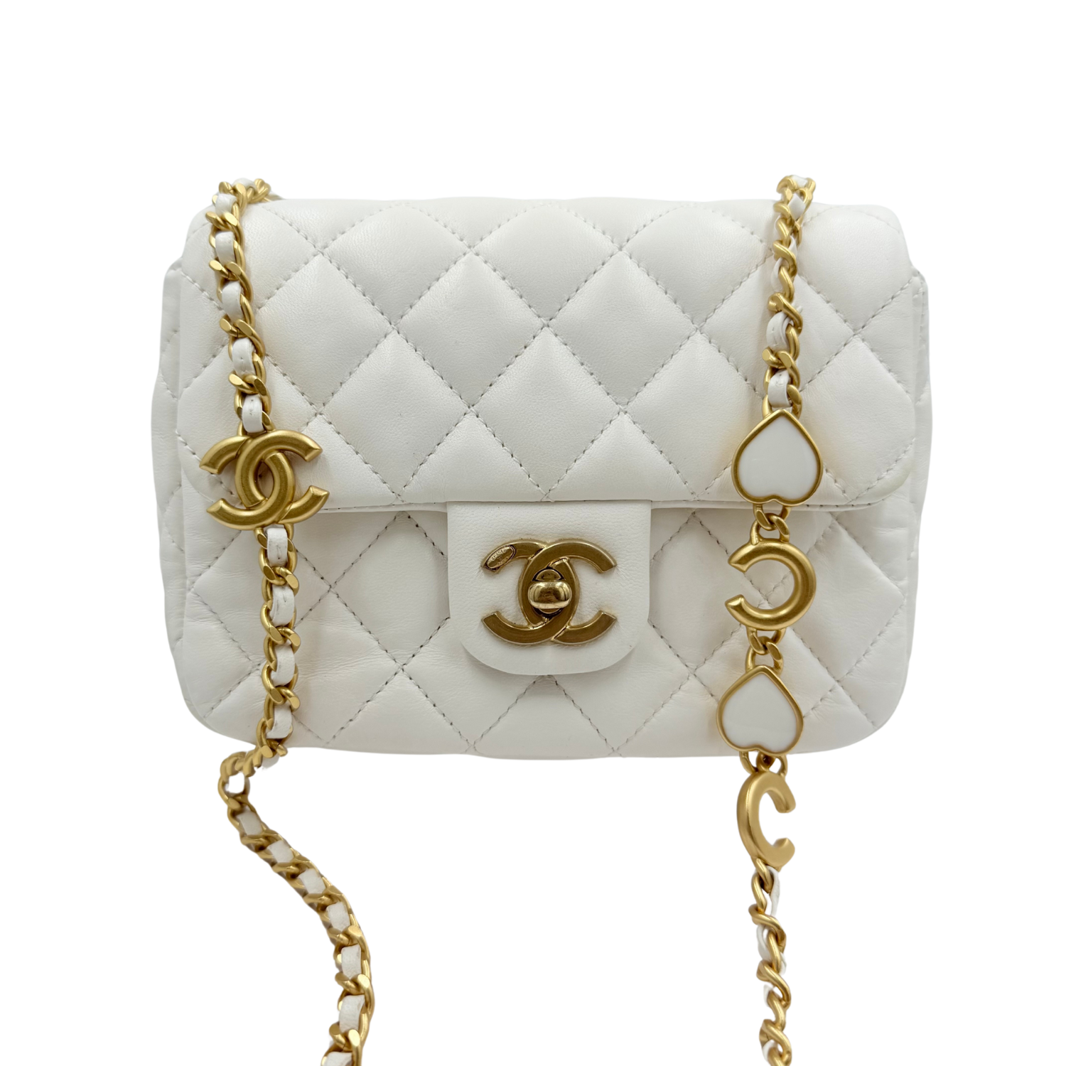 Chanel Quilted Small Coco Hearts Square Flap Bag White