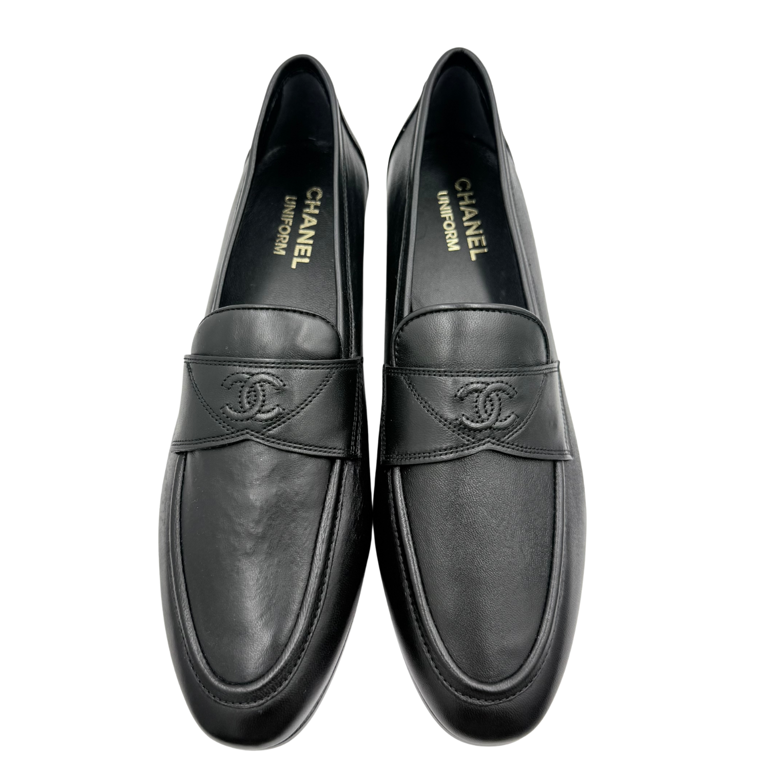 Chanel CC Calfskin Padded Uniform Stitched Loafers Black