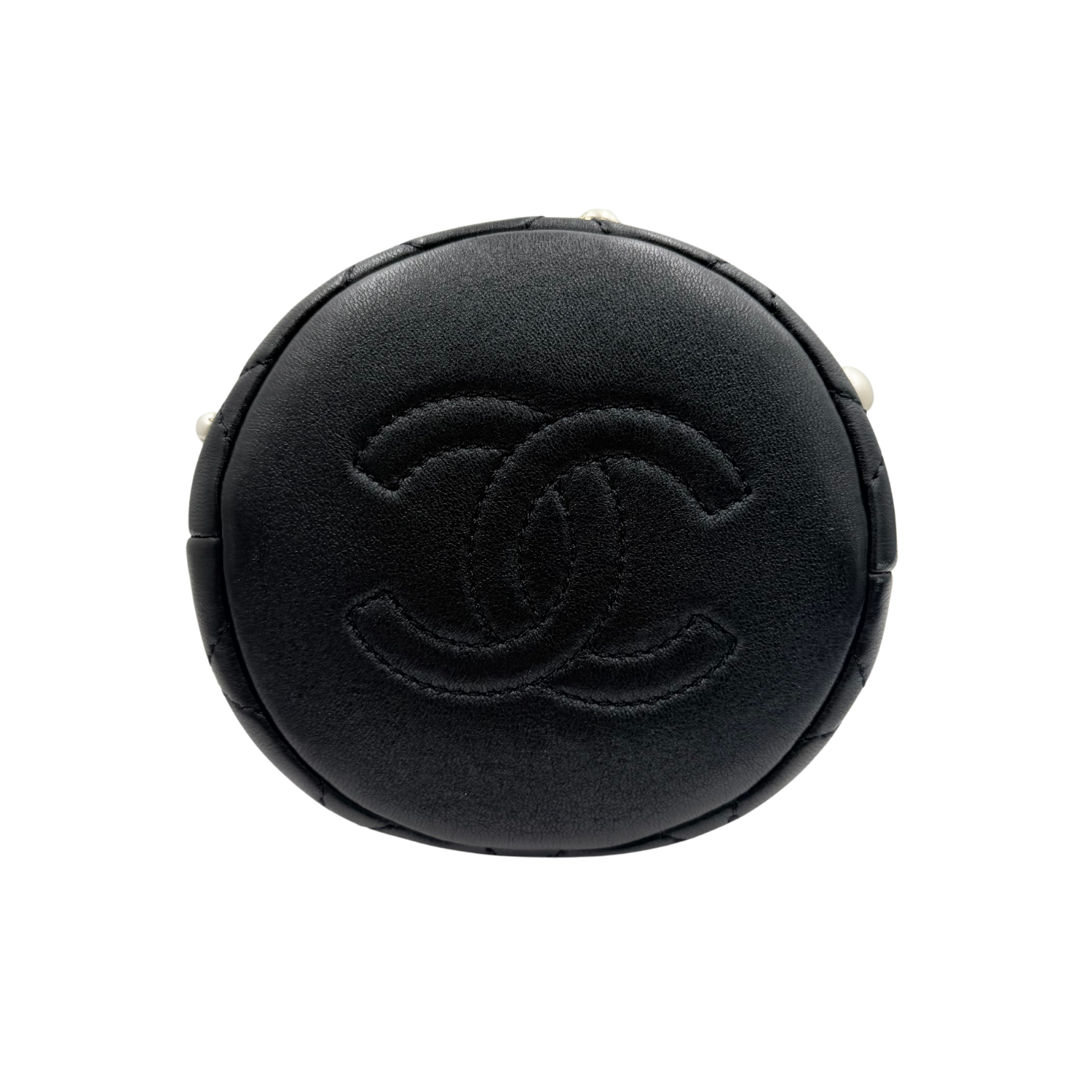 Chanel Quilted Lambskin Bucket Bag with Pearls Pale Gold Hardware Black