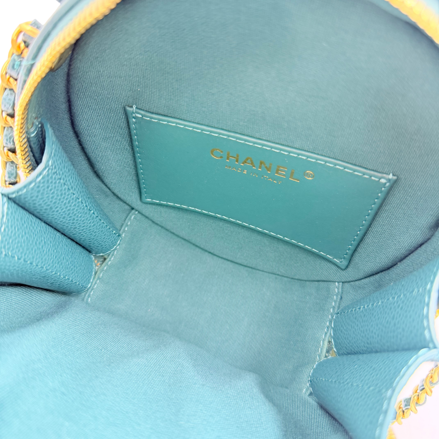 Chanel Round Vanity Case Crossbody Bag with Top Handle Turquoise