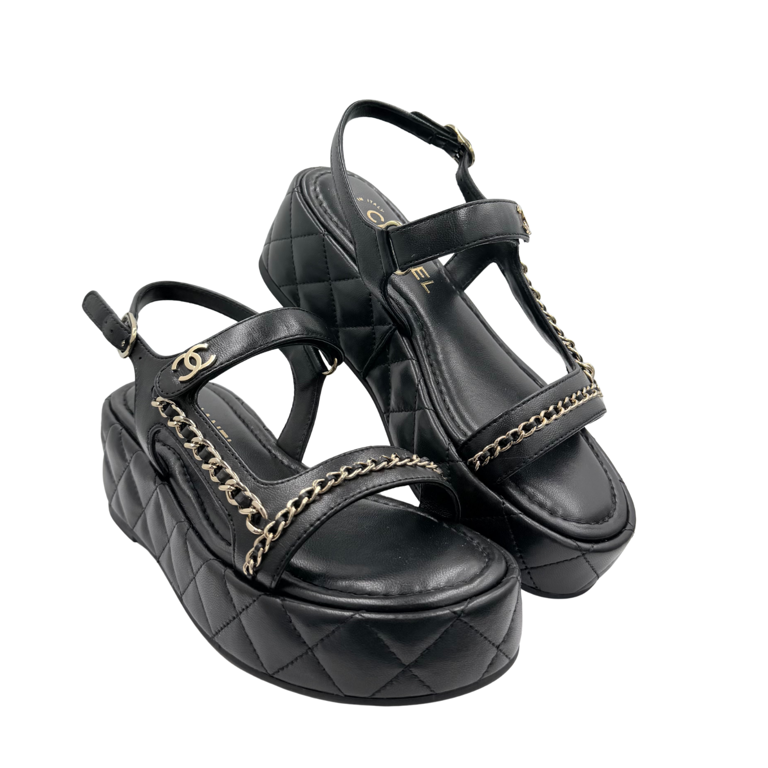 Chanel Lambskin Quilted Chain CC Platform Sandals Black Size 37