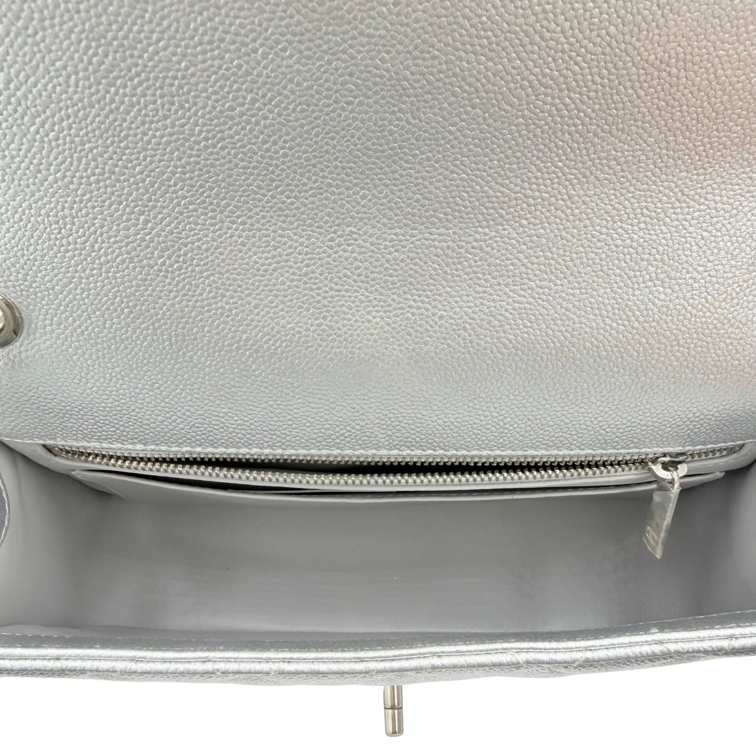 Chanel Medium Metallic Caviar Quilted CC Slide Flap Silver