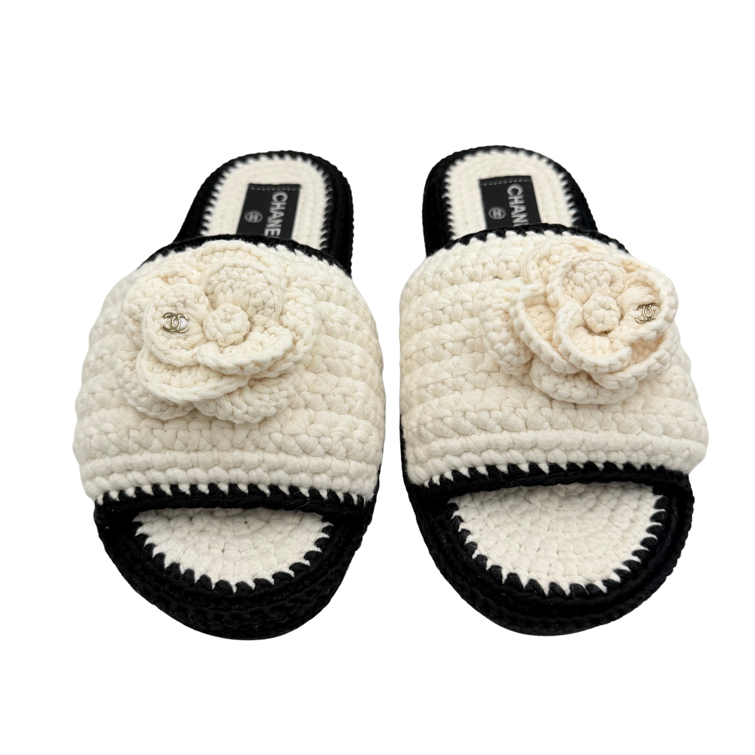 Chanel Crochet Interlocking CC Macrome Camelia Slides Cream