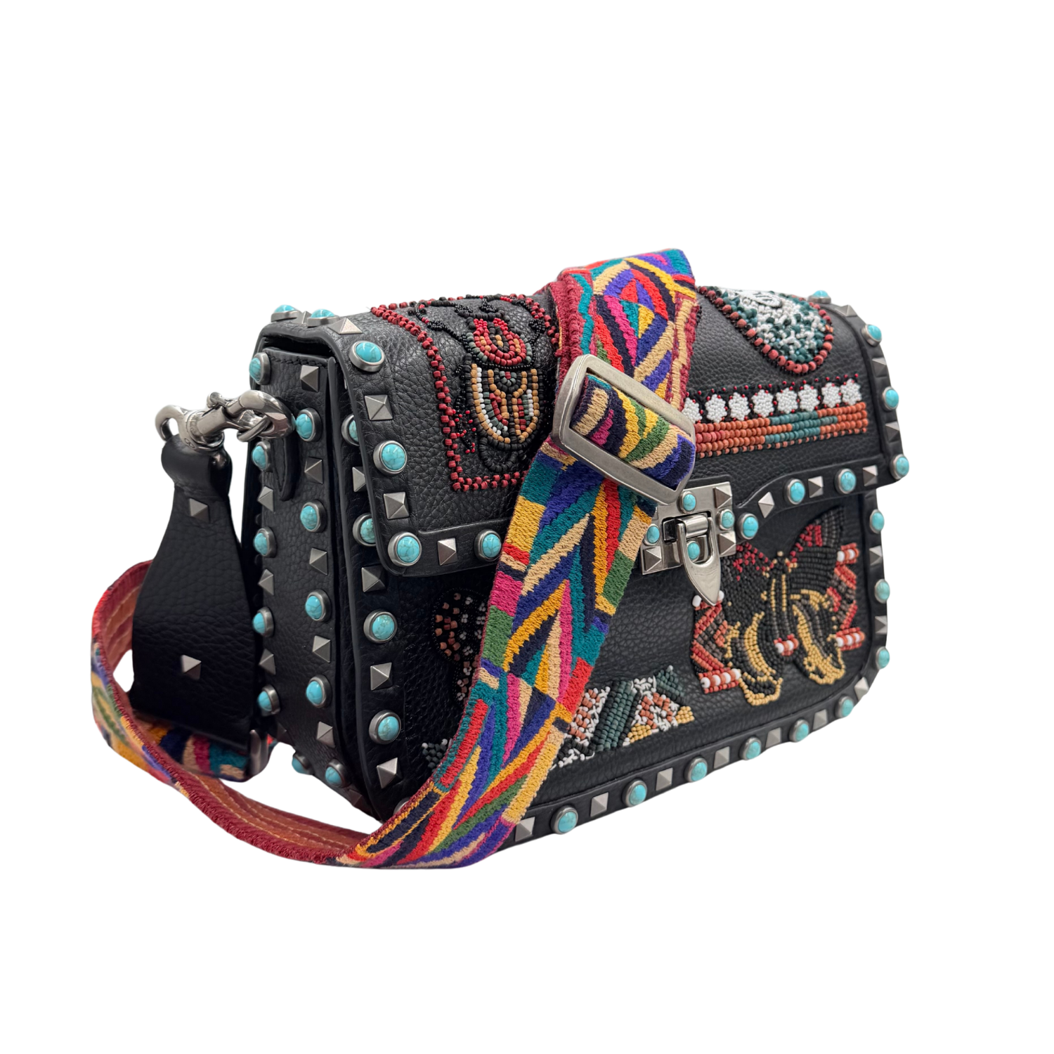Beaded Rockstud Rolling Shoulder Bag w/ Guitar Strap Black