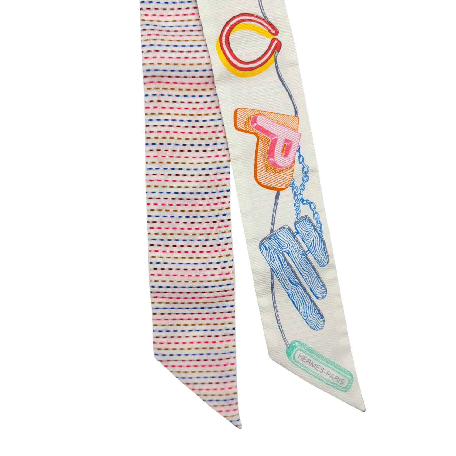 "Chevaloscope Pointille" White Silk Twilly Pair