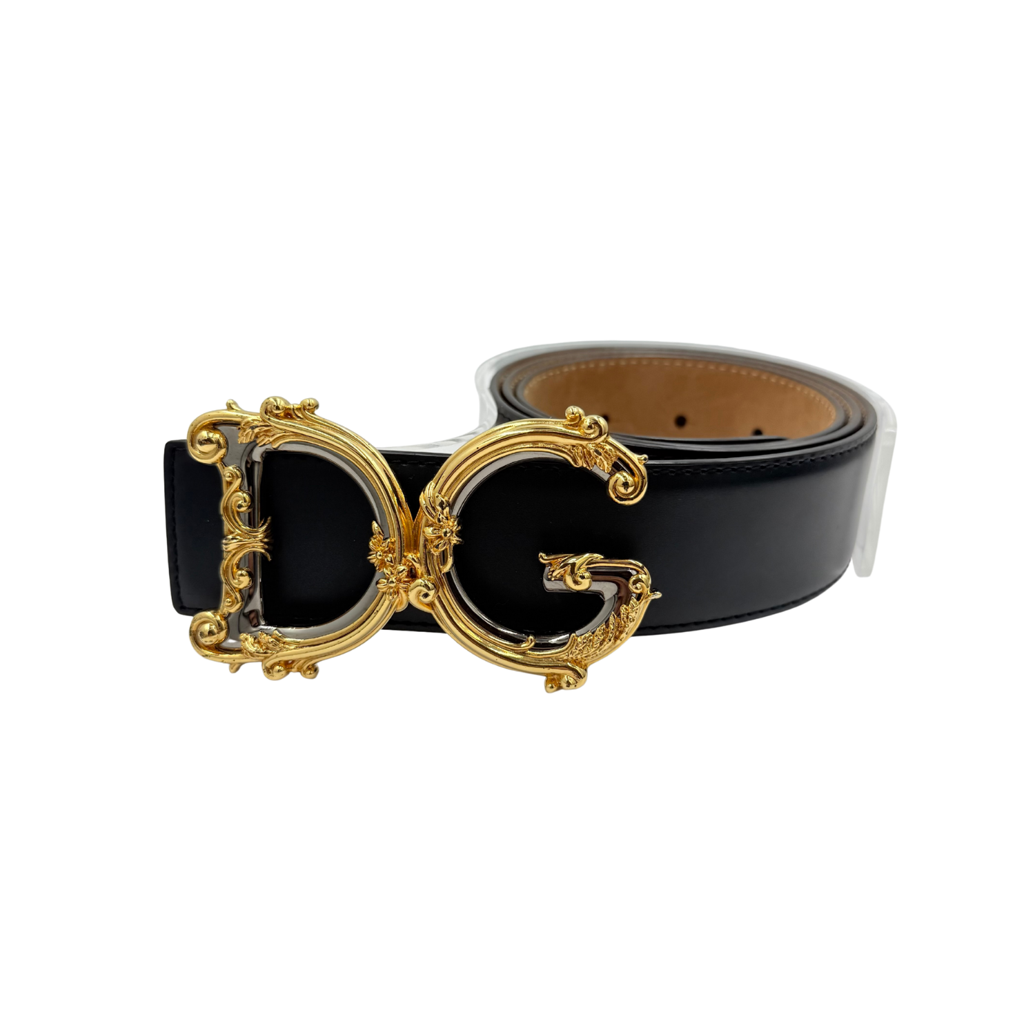 Dolce & Gabbana Leather Belt with Baroque DG Logo Black