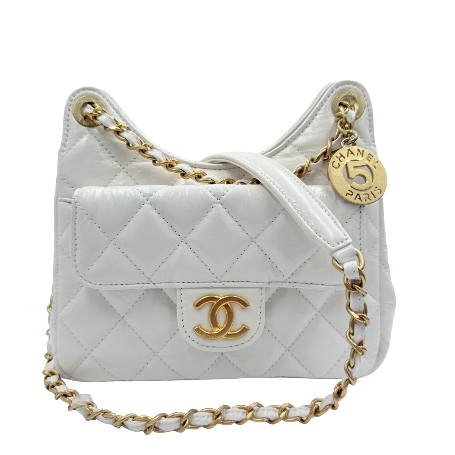 Chanel CC Small Shiny Crumpled Quilted Calfskin Wavy Hobo Bag White