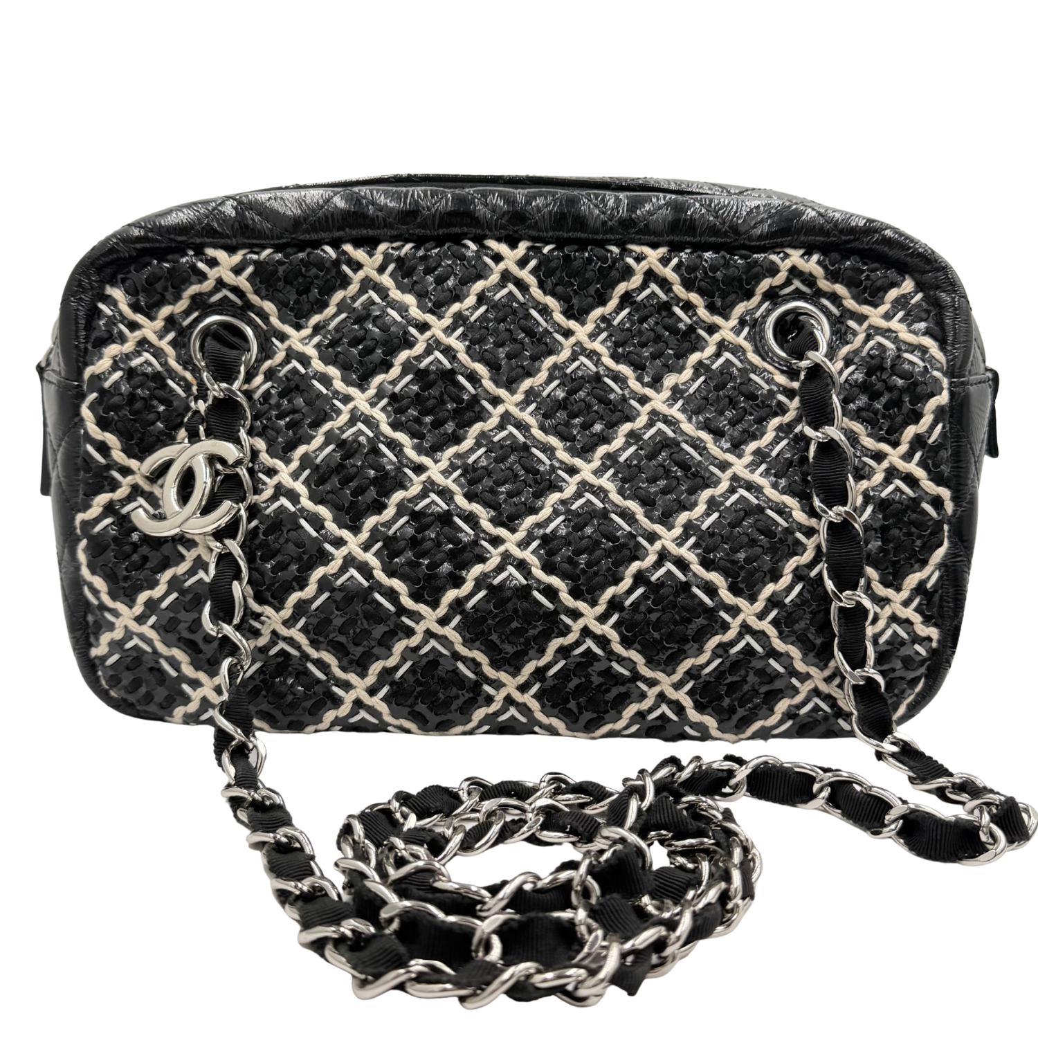 Chanel Camera Case Bag Diamond Woven Stitch Patent Leather Medium Black