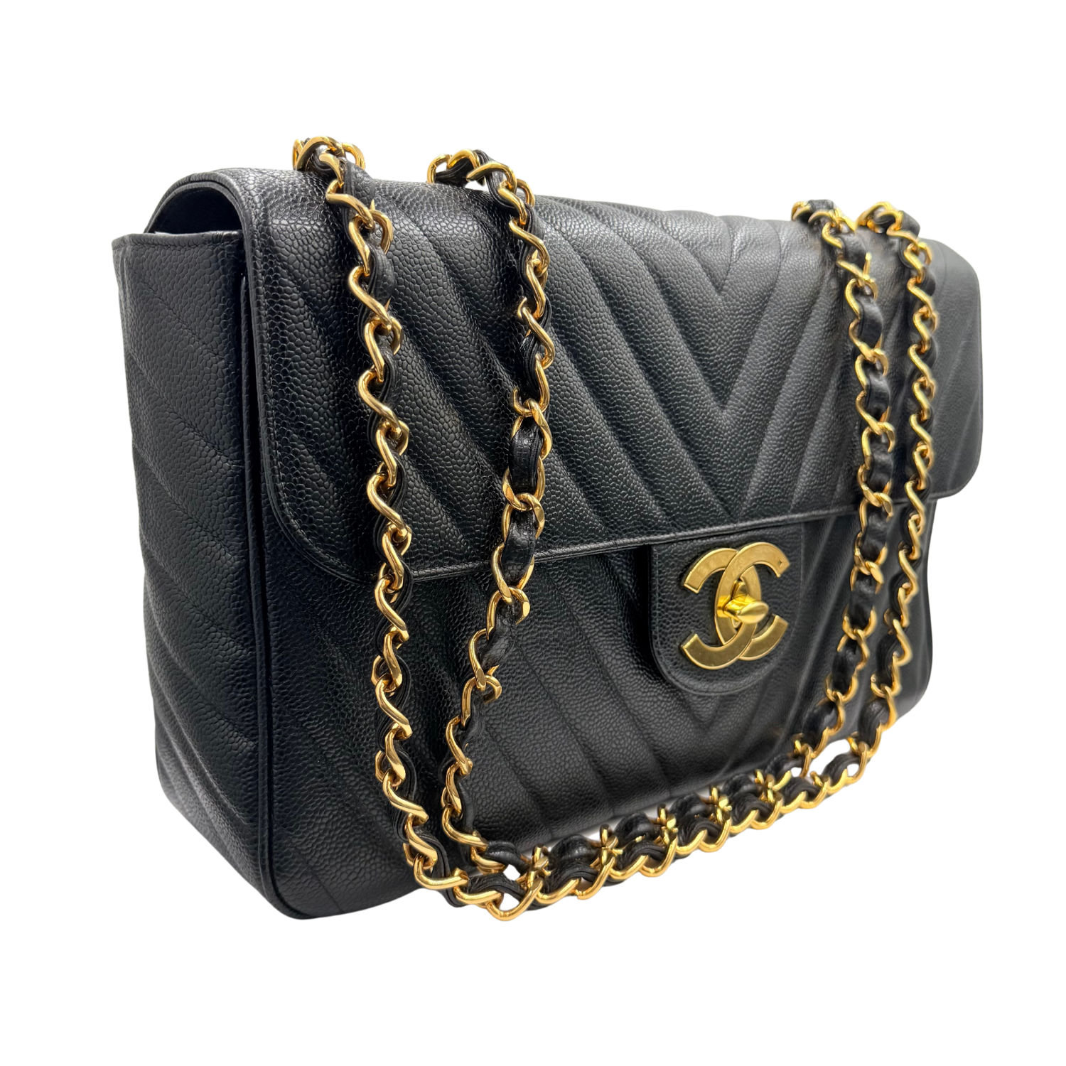 Chanel Vintage Caviar Chevron Leather XL Jumbo Flap Black