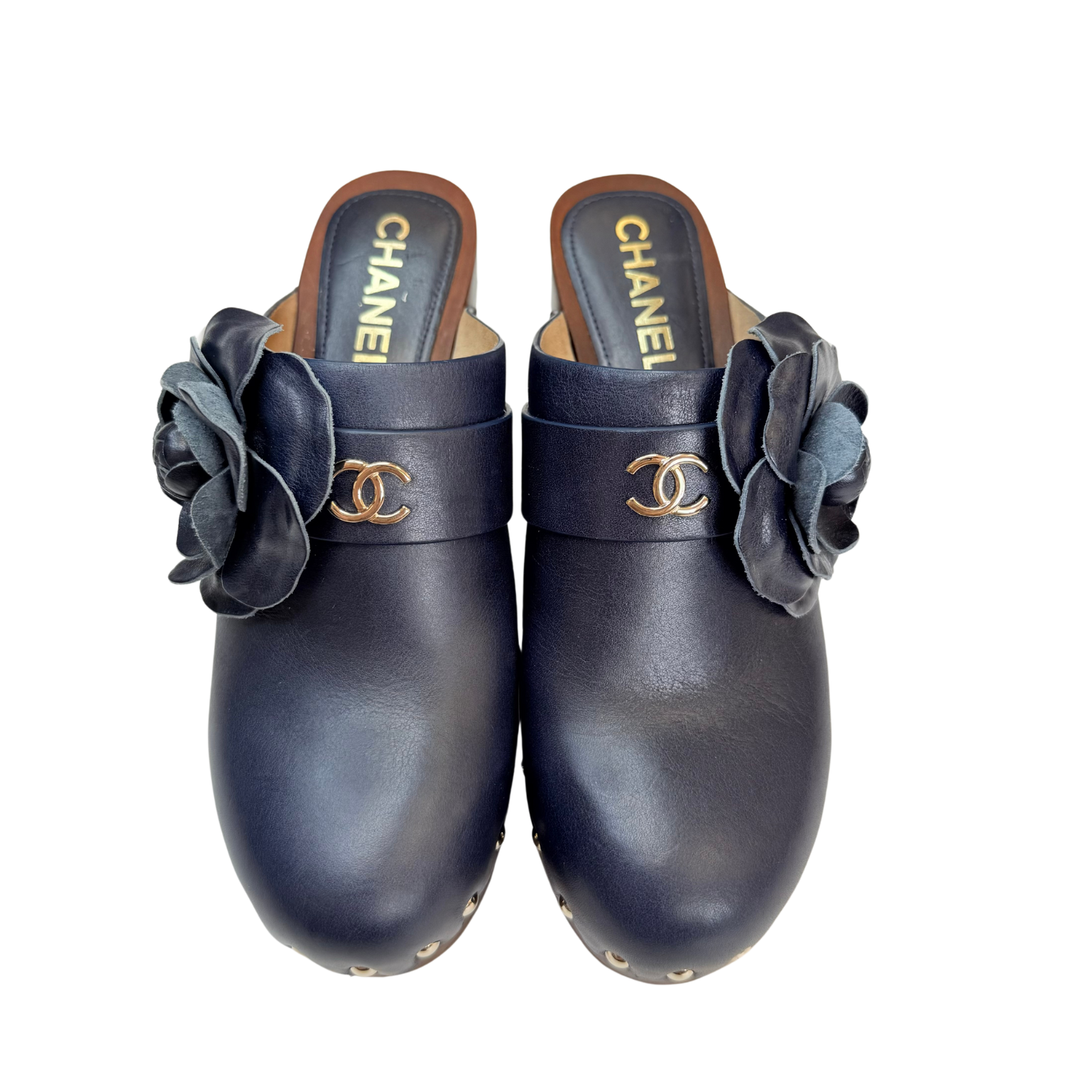 Chanel Calfskin Camellia Clogs Navy